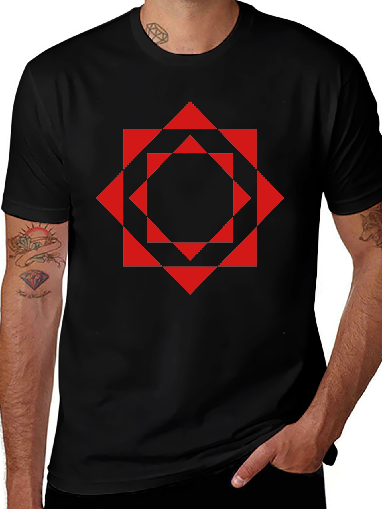 Geometric Red Square Black T-Shirt