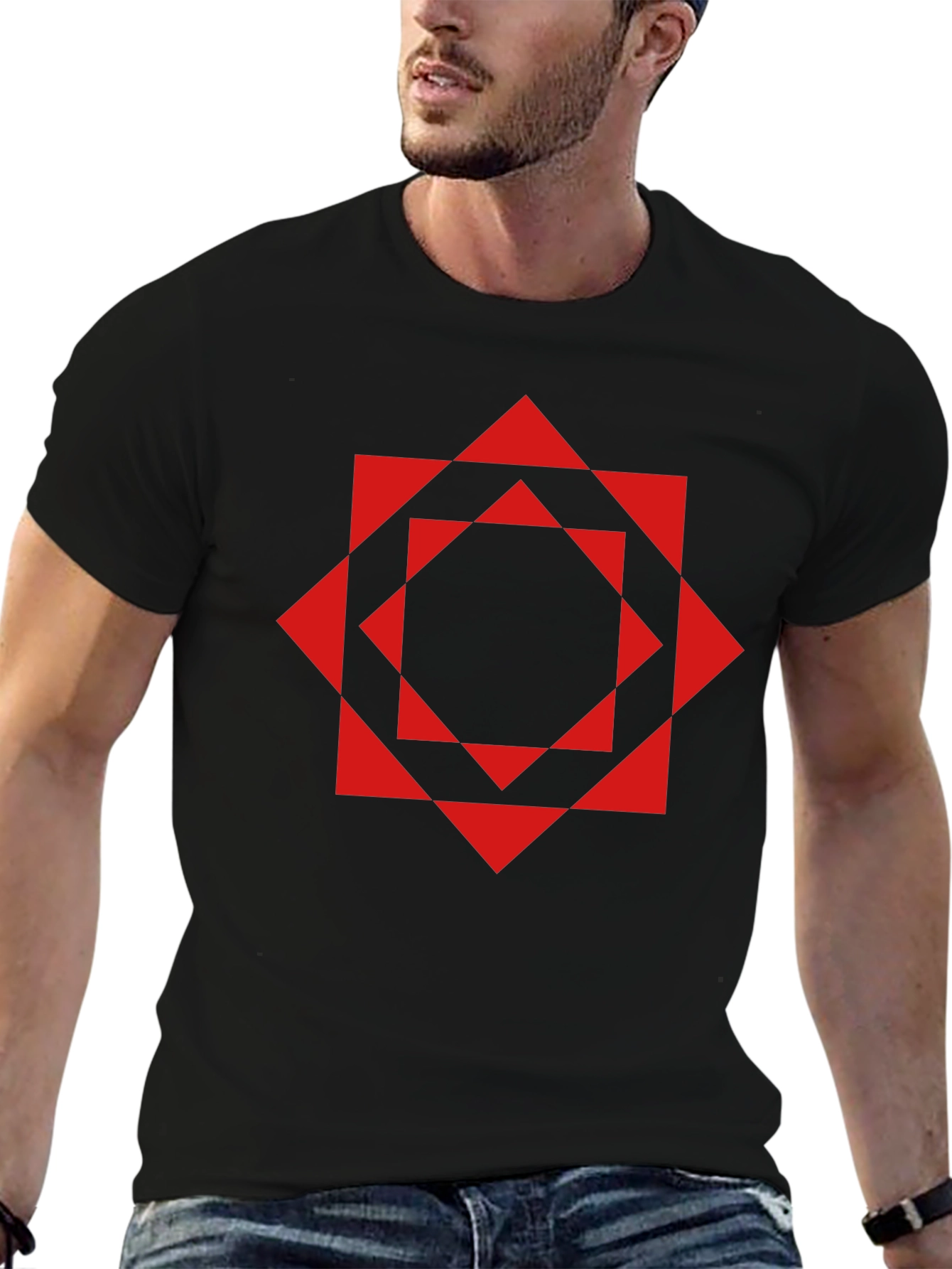 Geometric Red Square Black T-Shirt