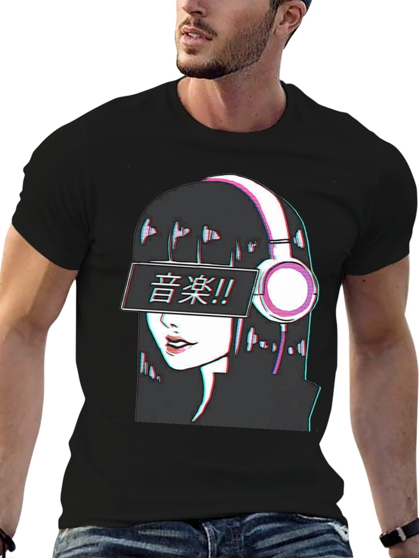 Anime Girl Music T-Shirt - Glitch Effect
