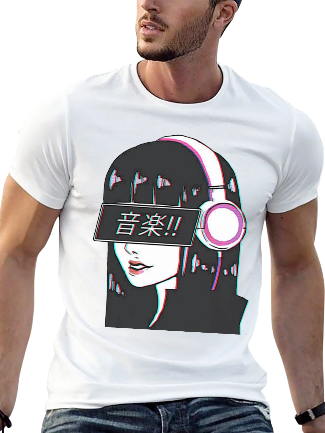 Anime Girl Music T-Shirt - Glitch Effect