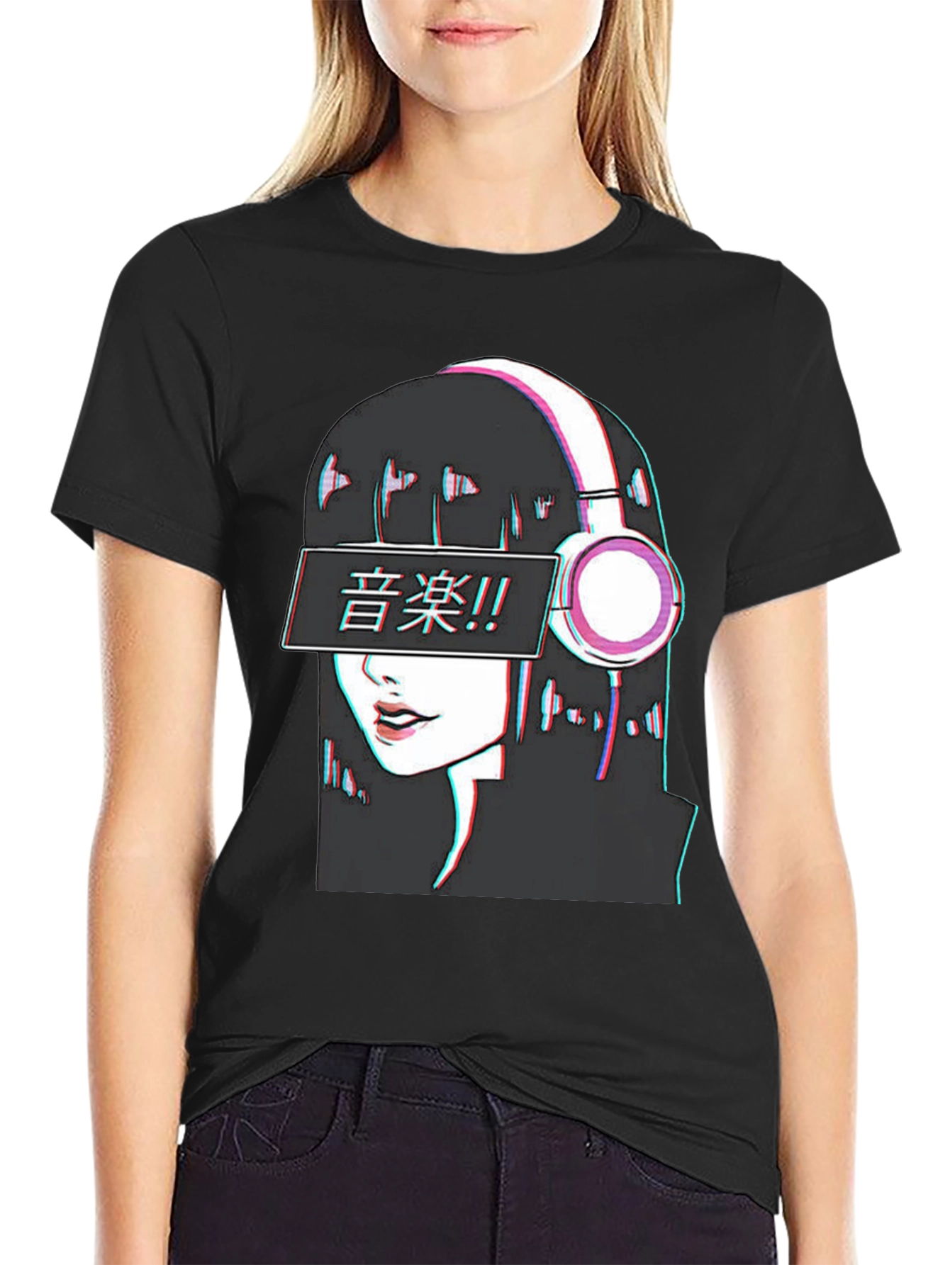 Anime Girl Music T-Shirt - Glitch Effect
