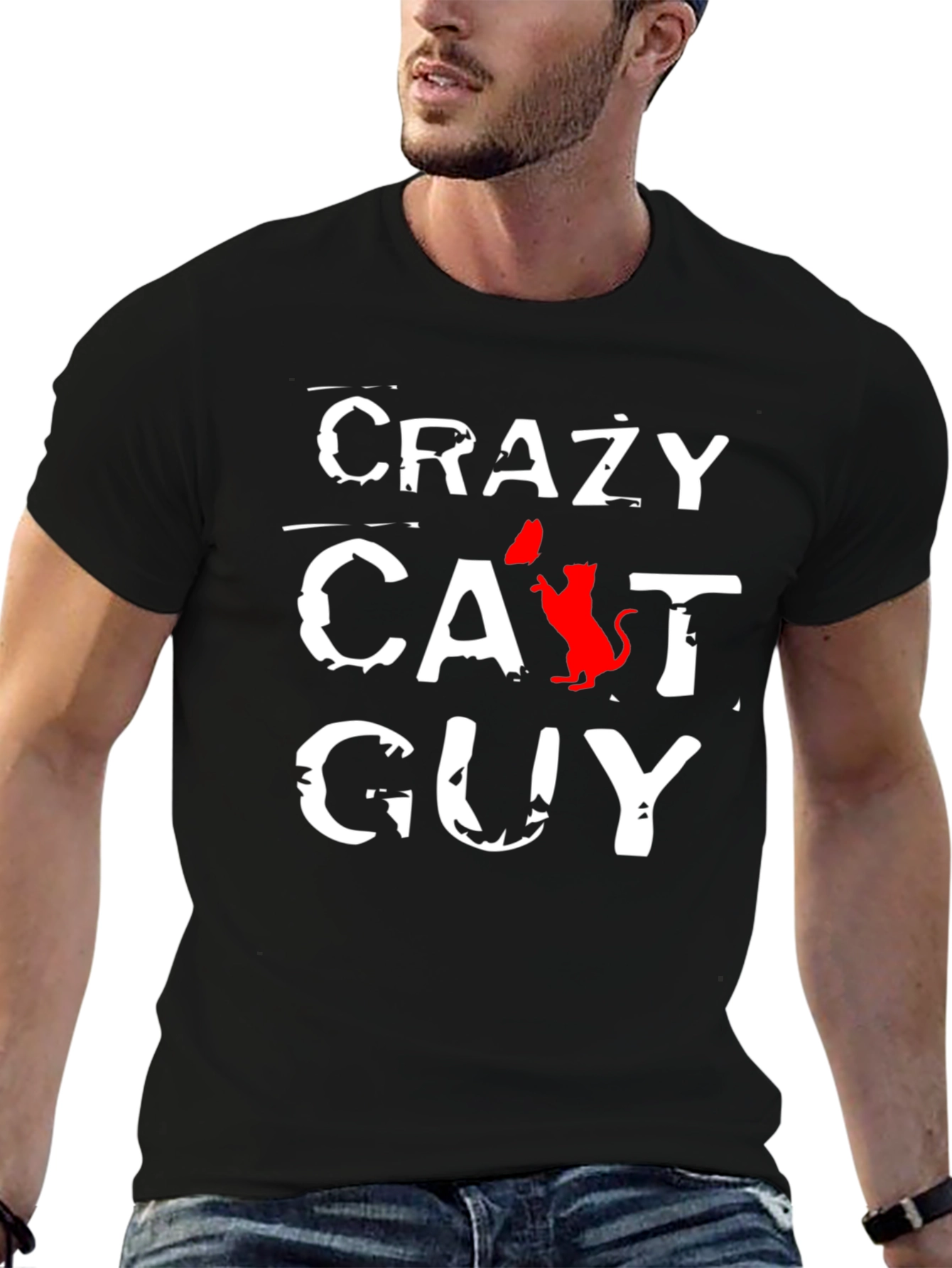 Crazy Cat Guy Black T-Shirt - Novelty Graphic Tee