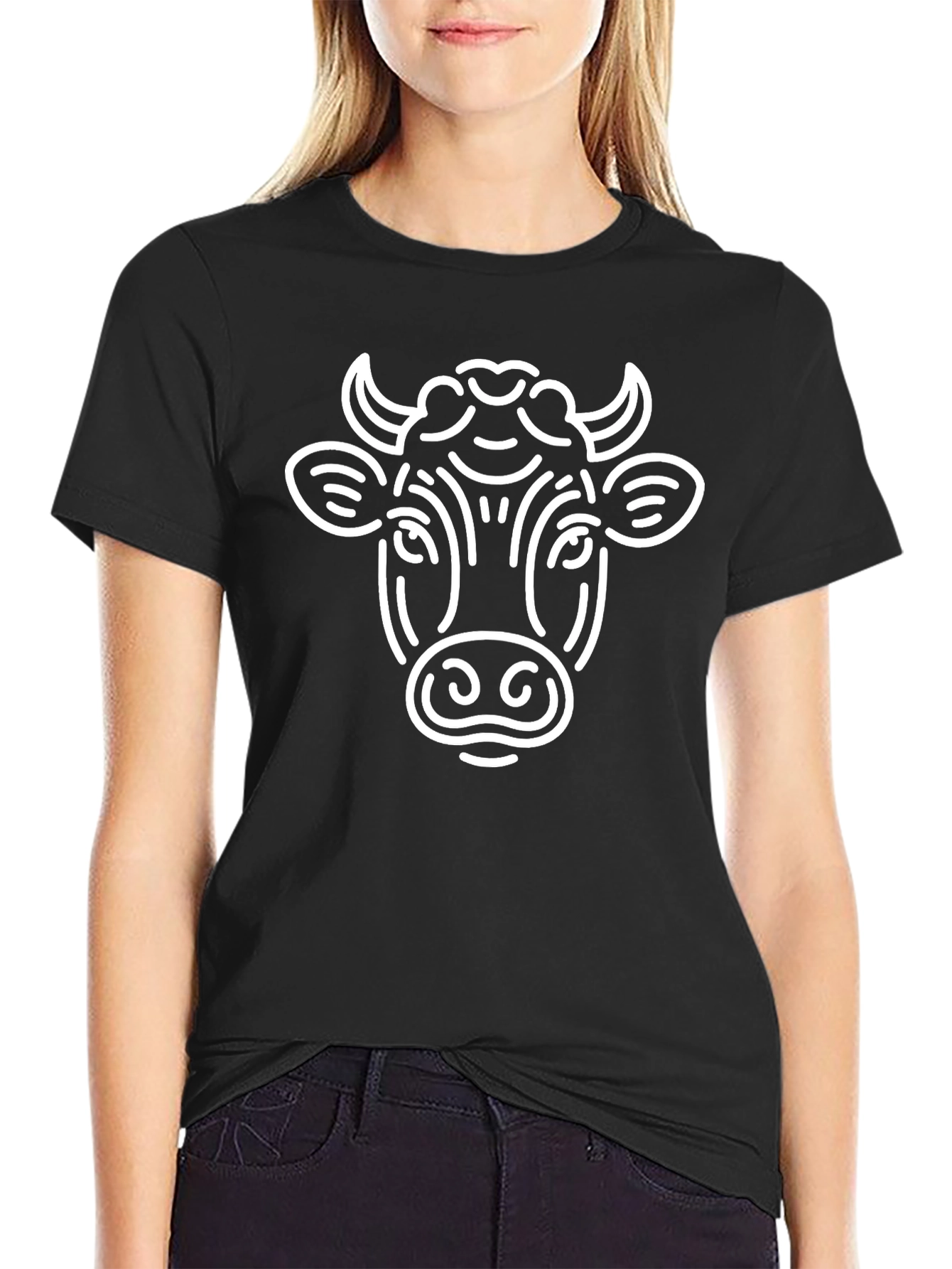 Cow Face Graphic Print Black T-Shirt