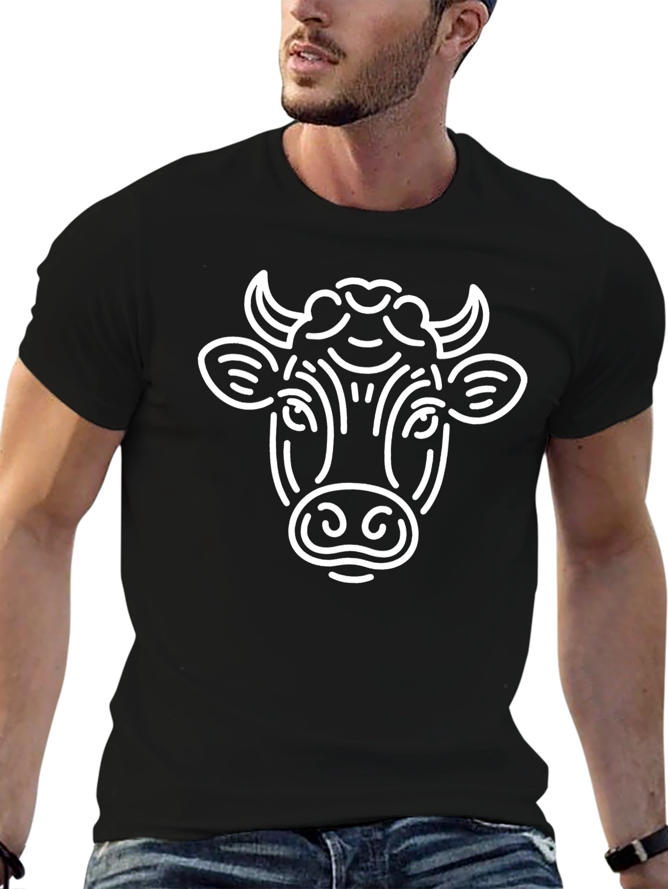 Cow Face Graphic Print Black T-Shirt