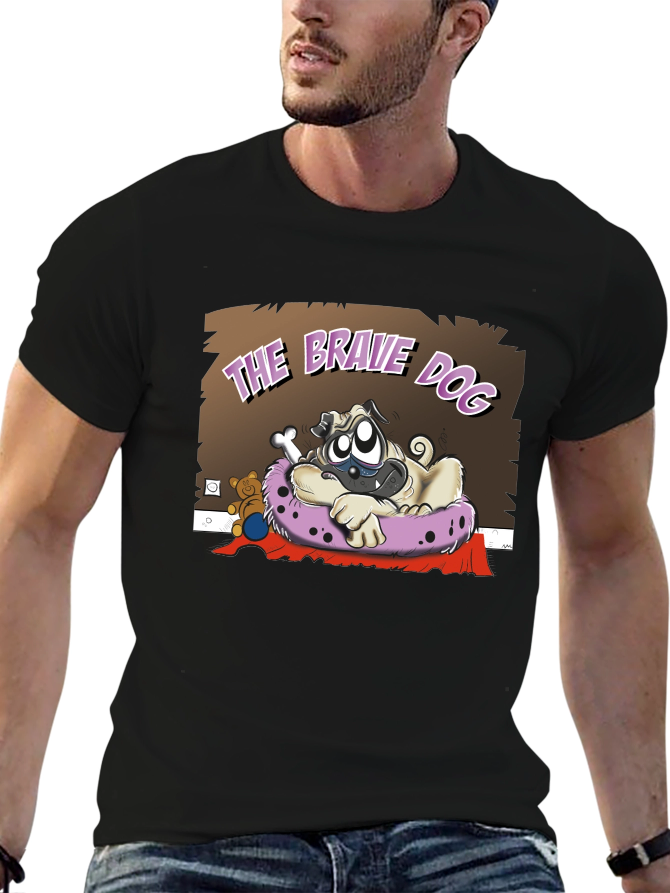 Brave Dog Cartoon Graphic Black T-Shirt