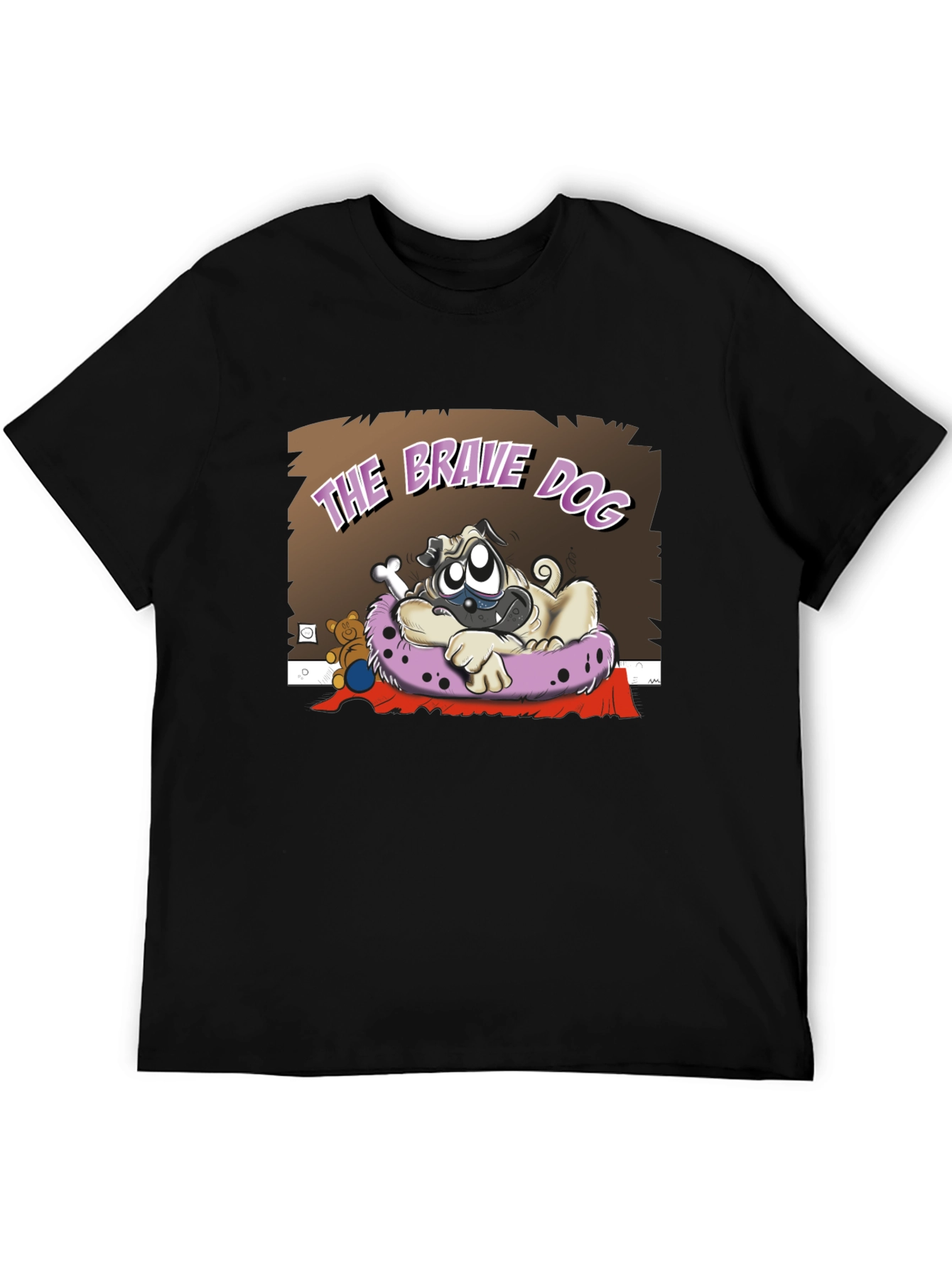 Brave Dog Cartoon Graphic Black T-Shirt
