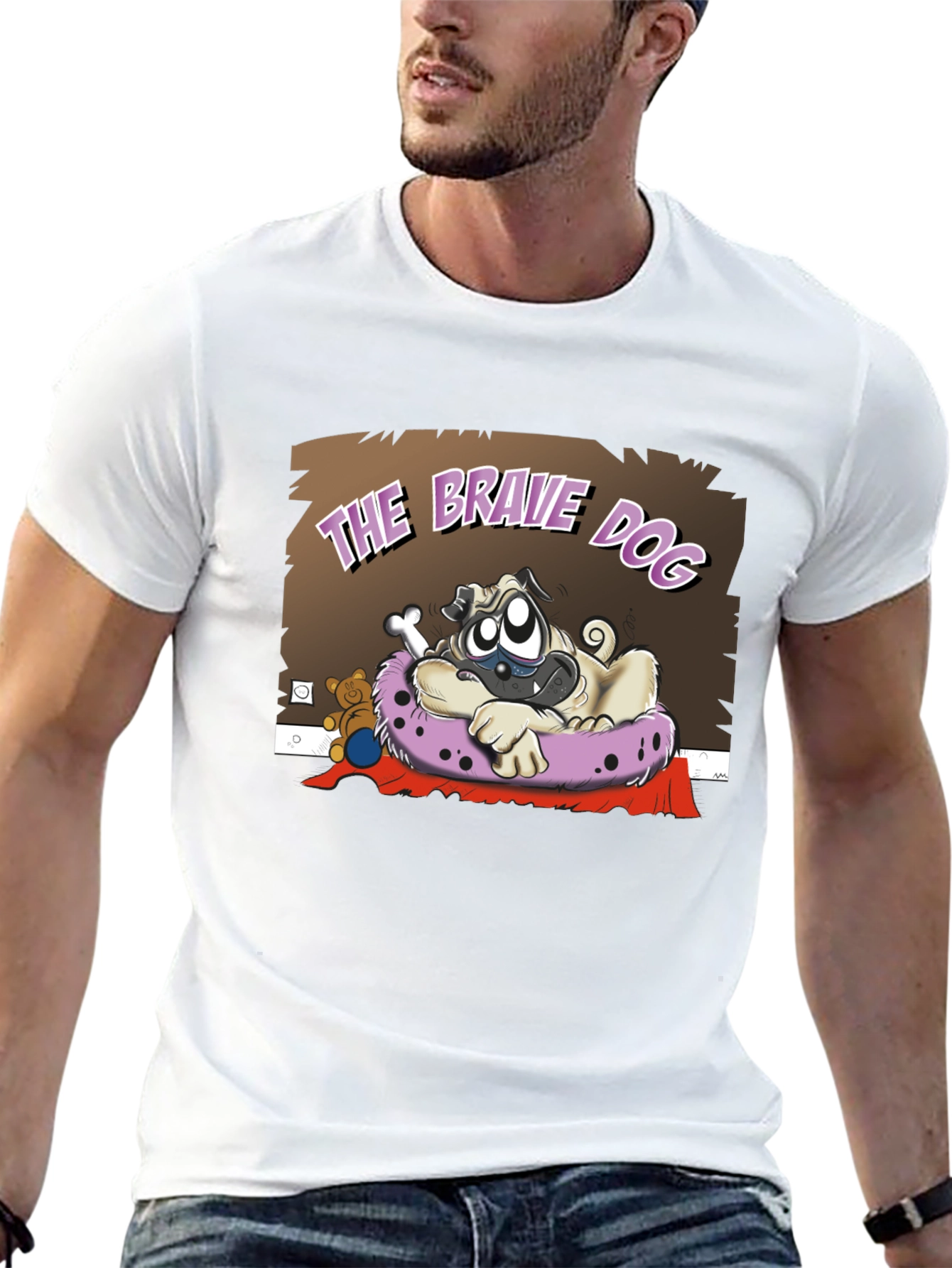 Brave Dog Cartoon Graphic Black T-Shirt
