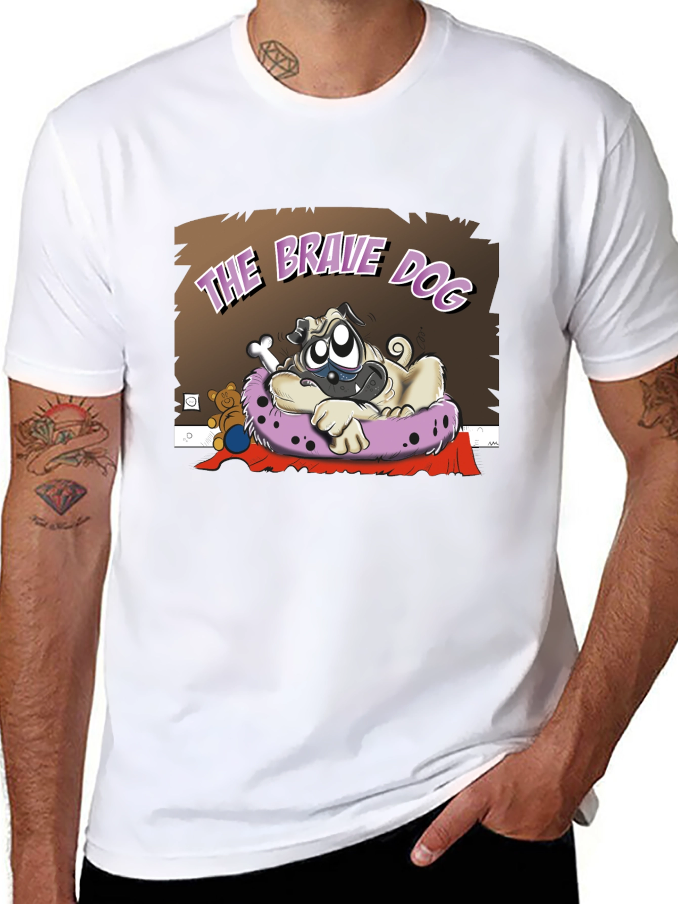 Brave Dog Cartoon Graphic Black T-Shirt
