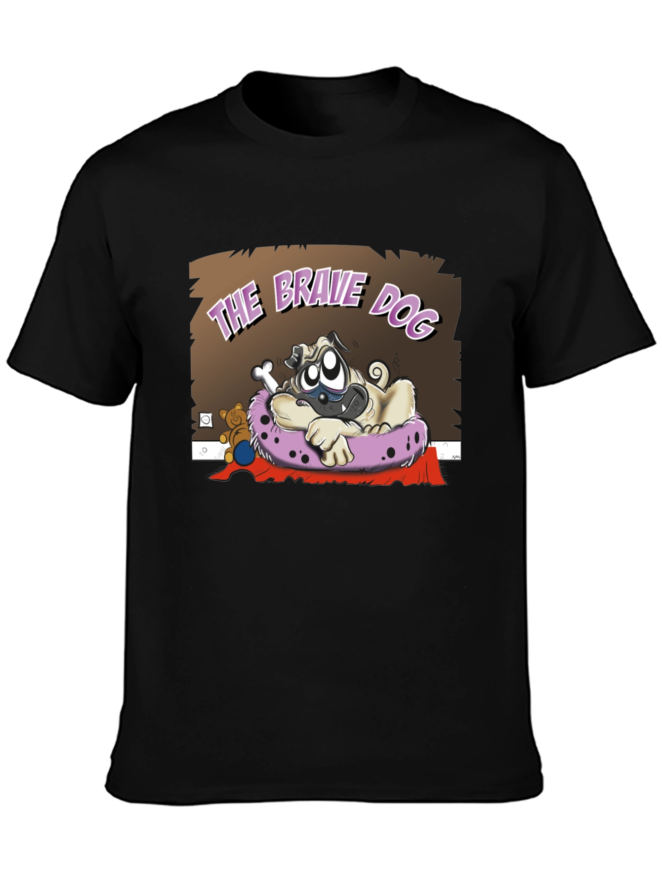 Brave Dog Cartoon Graphic Black T-Shirt