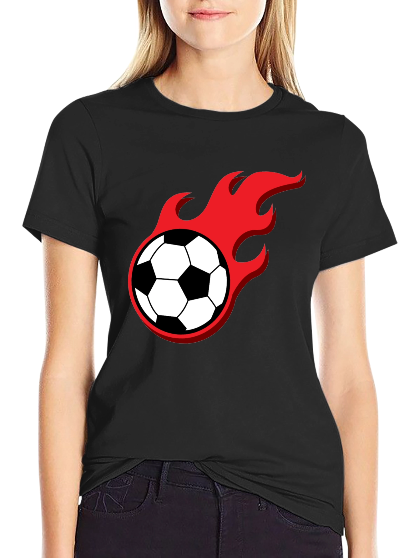 Flaming Soccer Ball Graphic Tee - Black Cotton