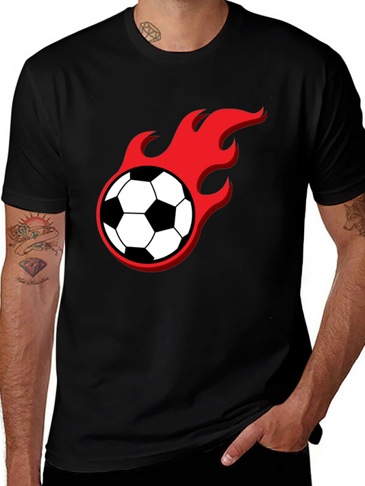 Flaming Soccer Ball Graphic Tee - Black Cotton
