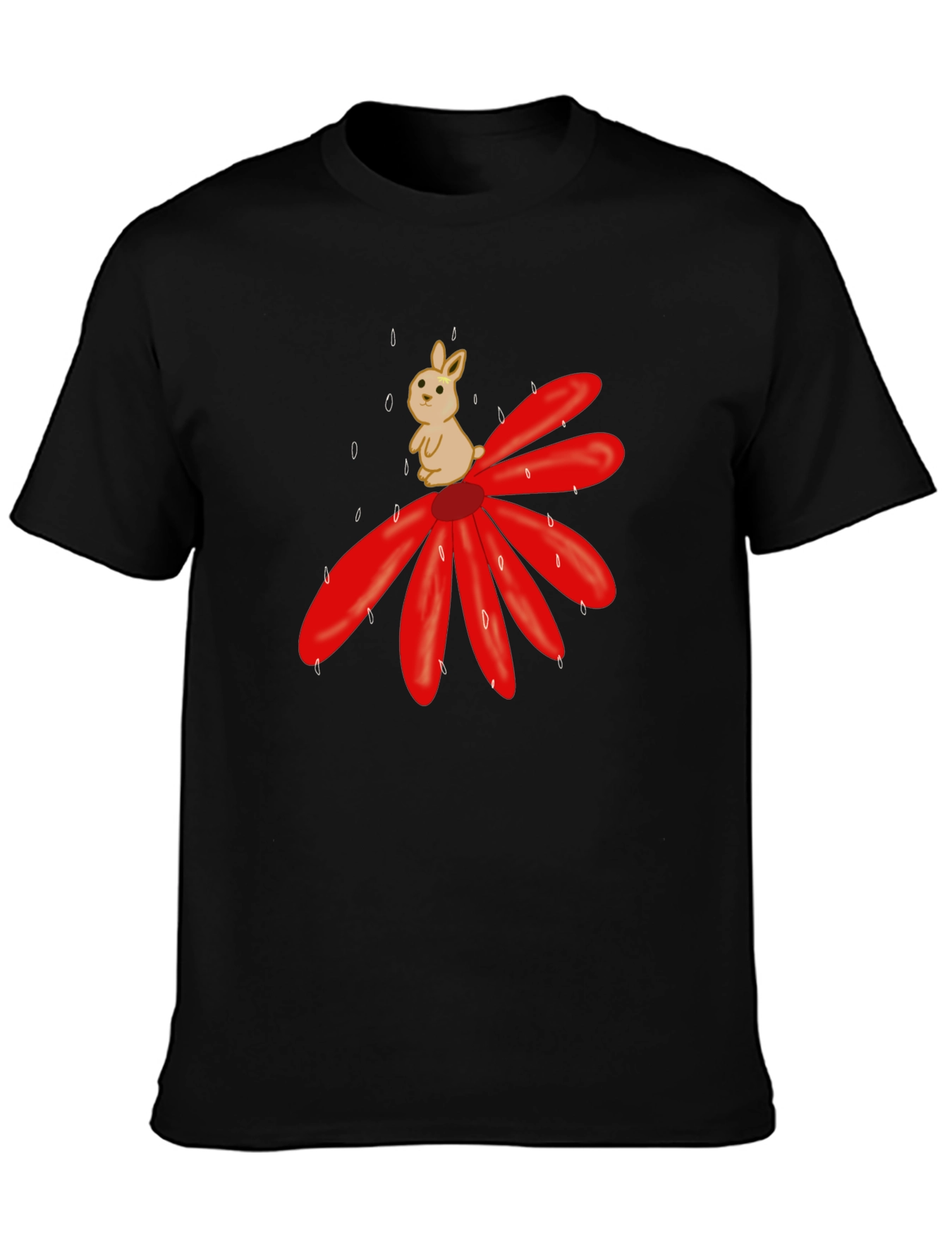 Cute Bunny on Flower Graphic T-Shirt - Black