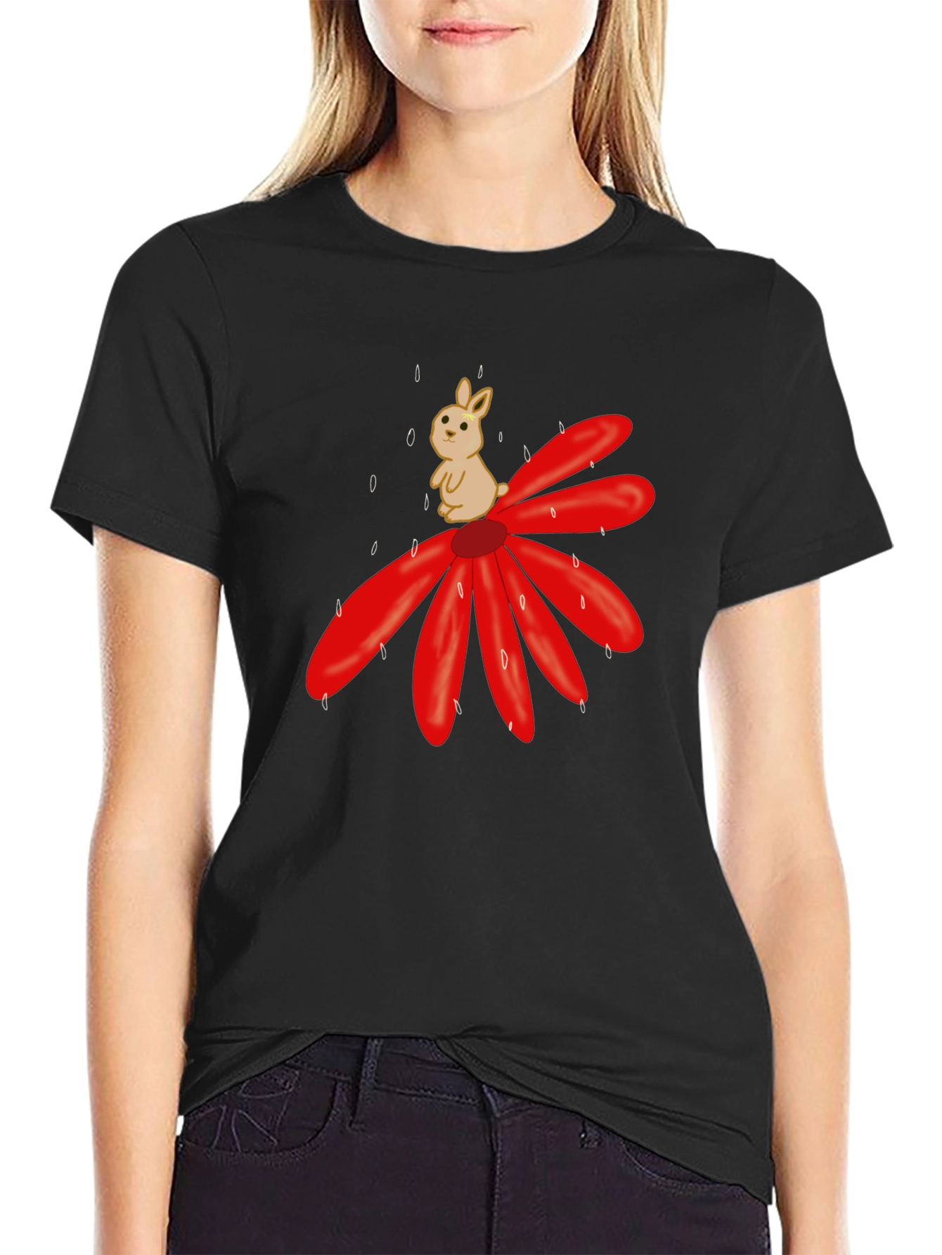 Cute Bunny on Flower Graphic T-Shirt - Black