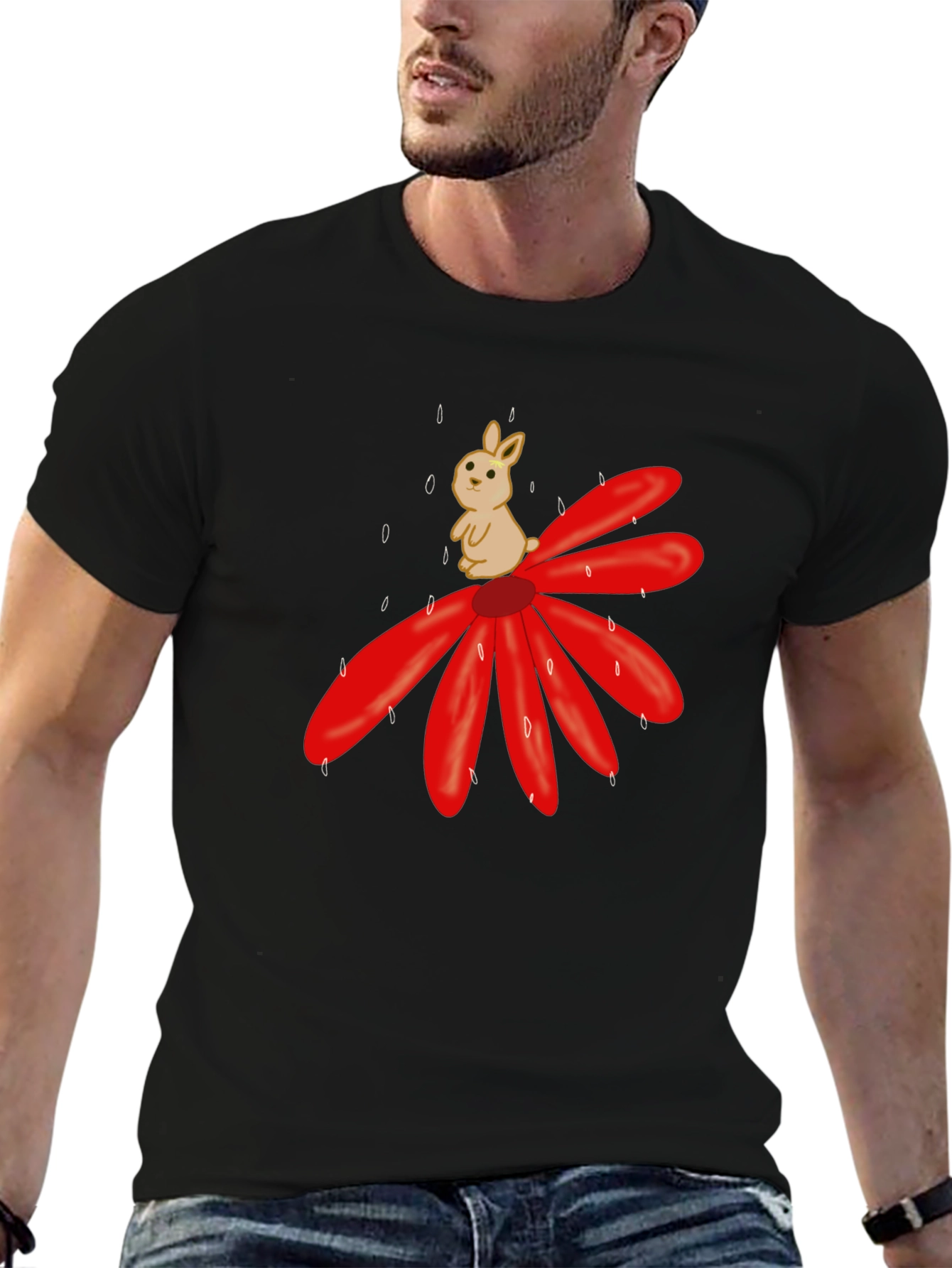 Cute Bunny on Flower Graphic T-Shirt - Black