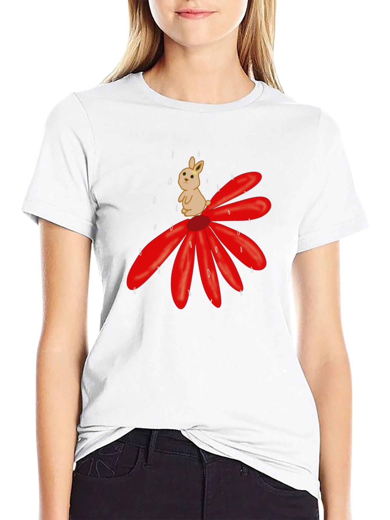 Cute Bunny on Flower Graphic T-Shirt - Black