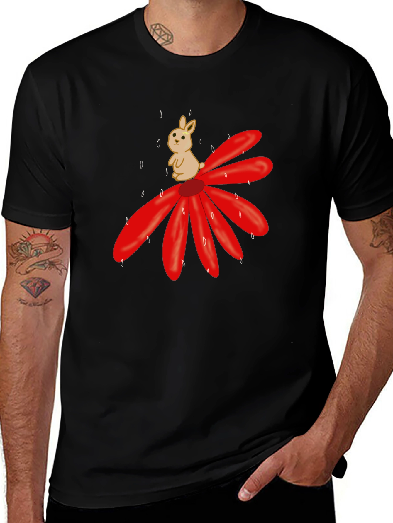 Cute Bunny on Flower Graphic T-Shirt - Black