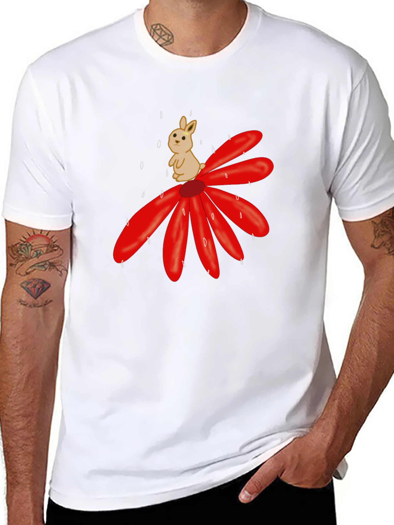 Cute Bunny on Flower Graphic T-Shirt - Black