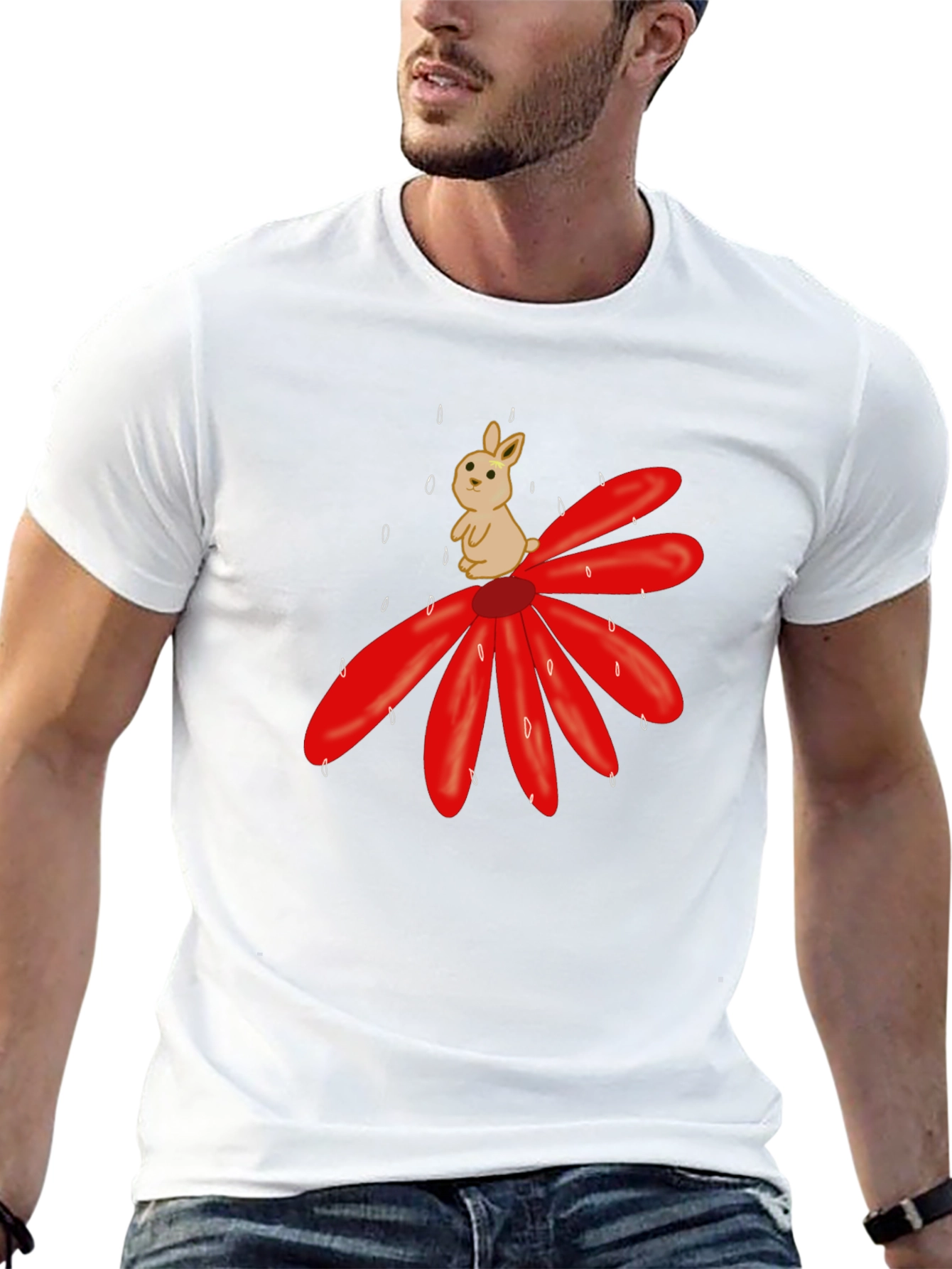 Cute Bunny on Flower Graphic T-Shirt - Black