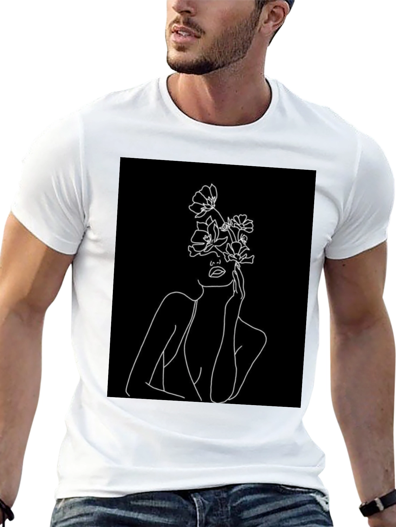 Floral Face Line Art Black Tee