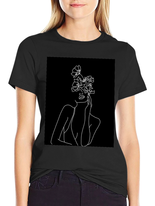 Floral Face Line Art Black Tee
