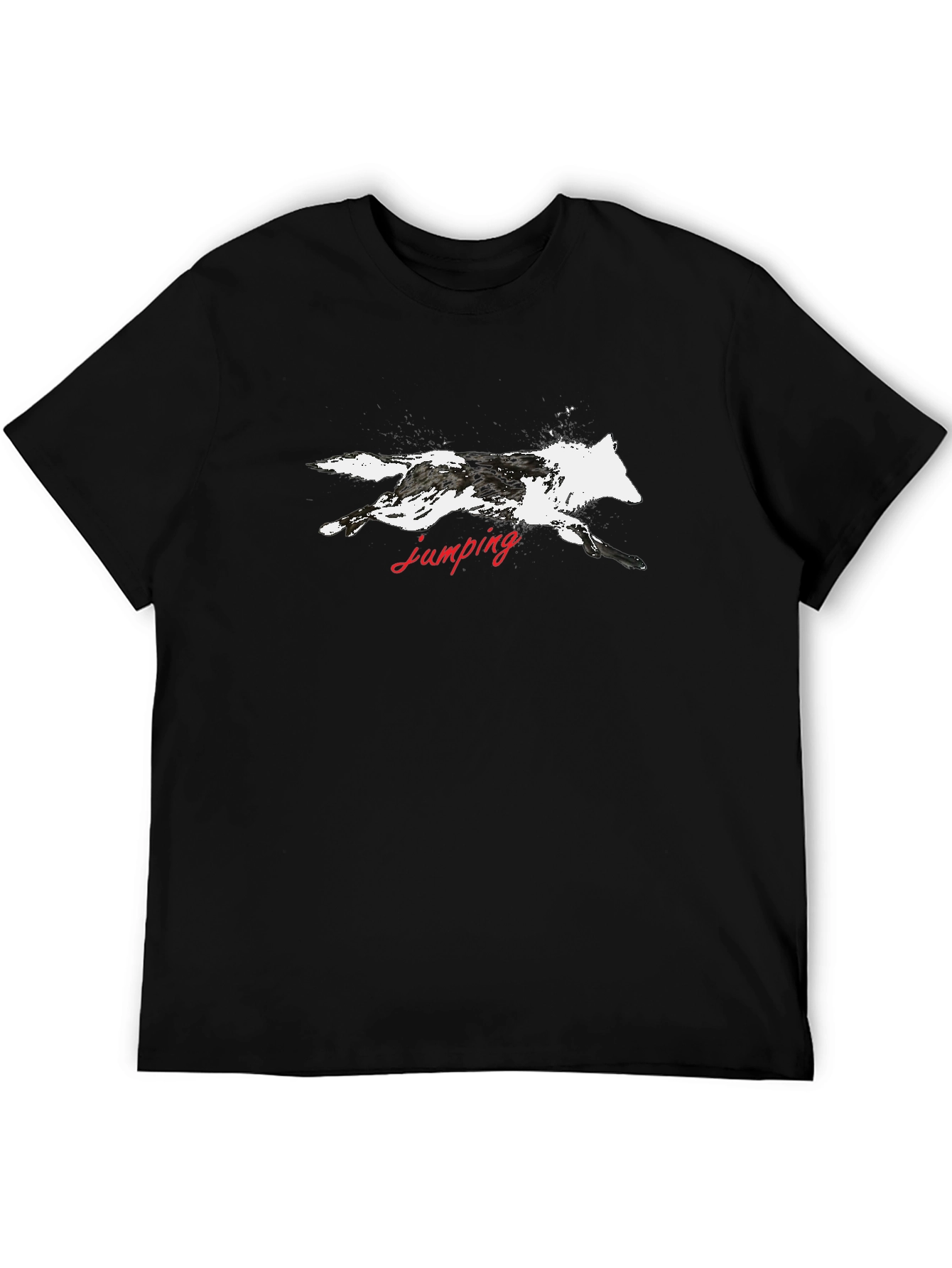 Black T-Shirt with Jumping Wolf Graphic