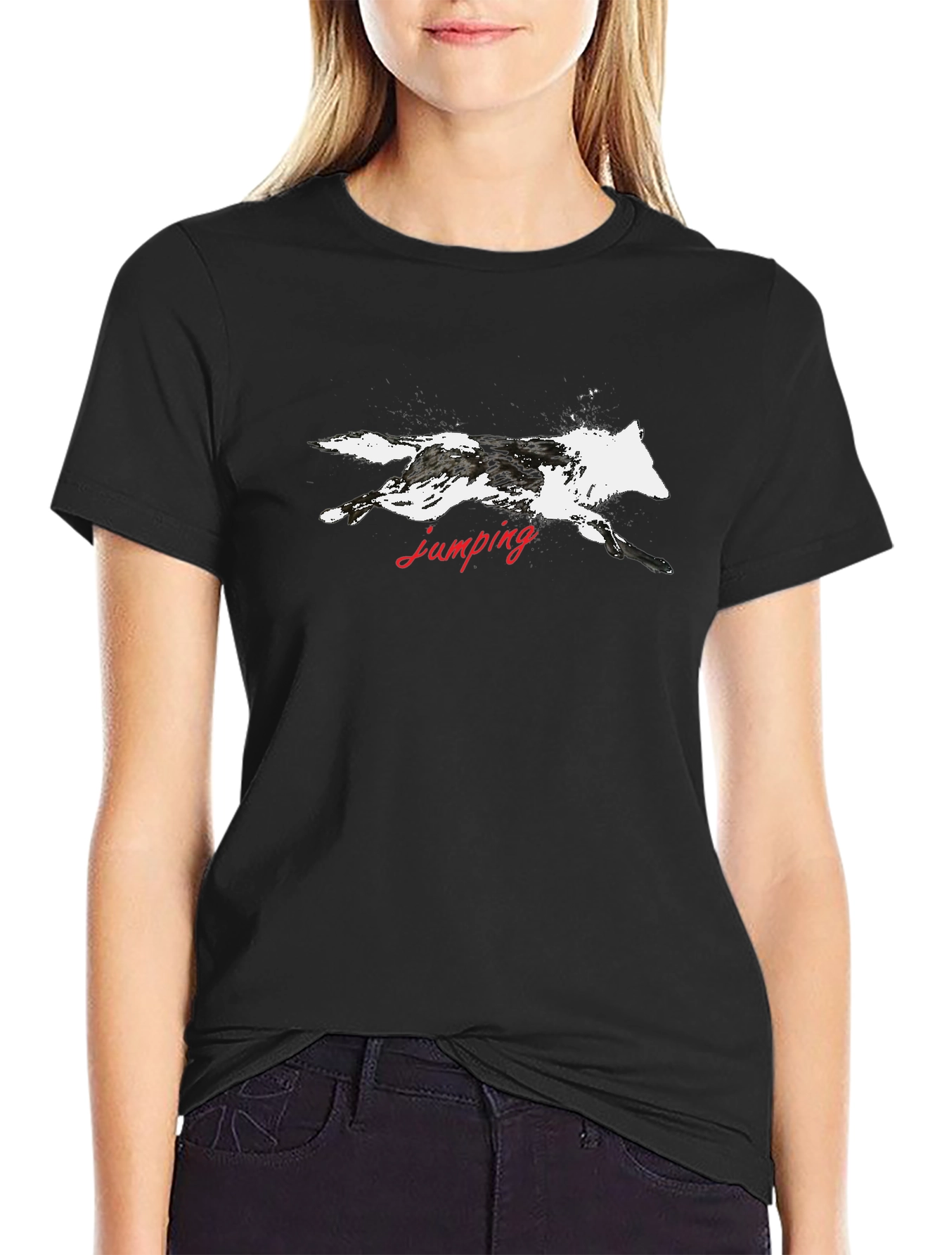 Black T-Shirt with Jumping Wolf Graphic