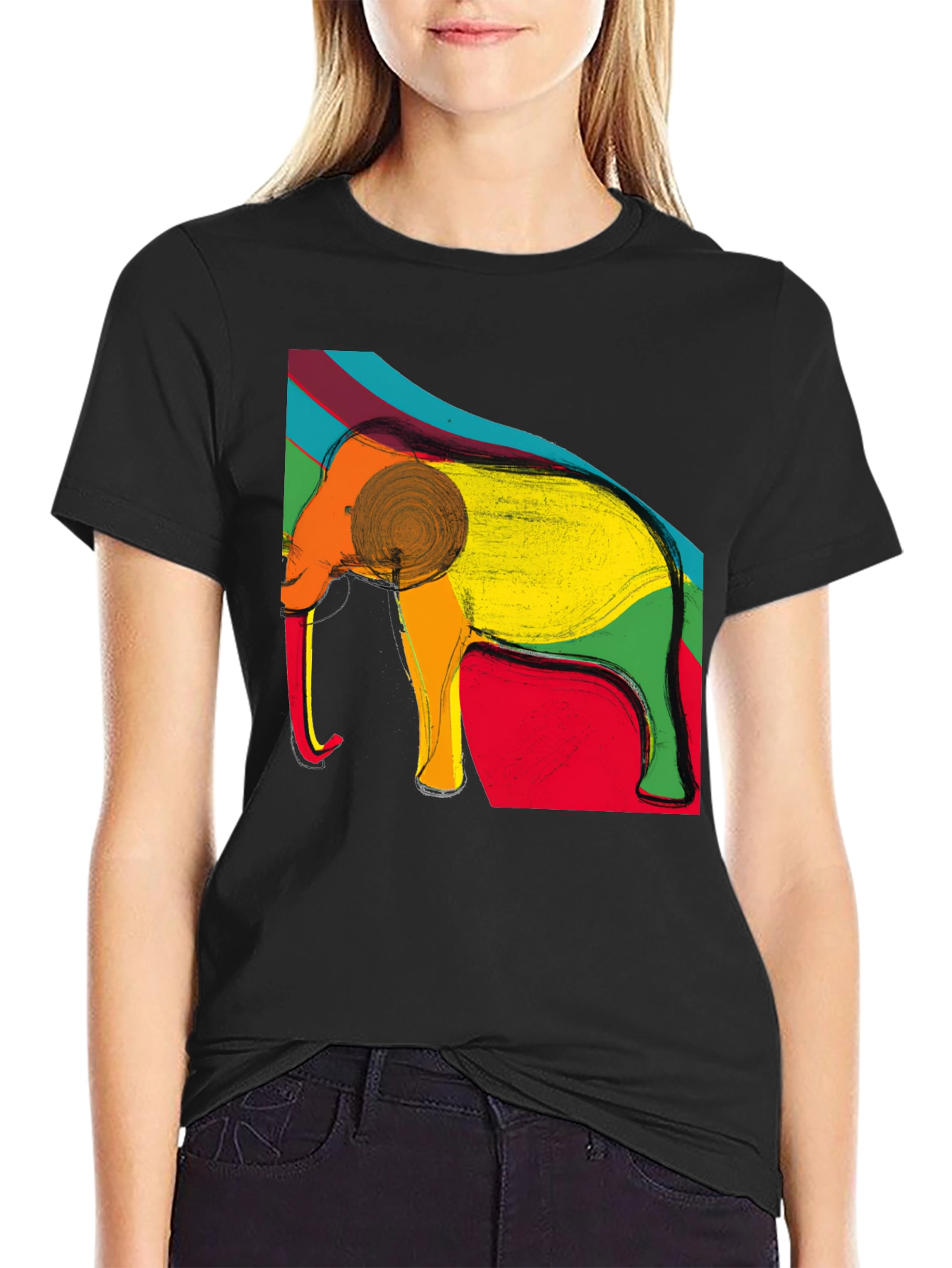 Elephant Art Print Black T-Shirt