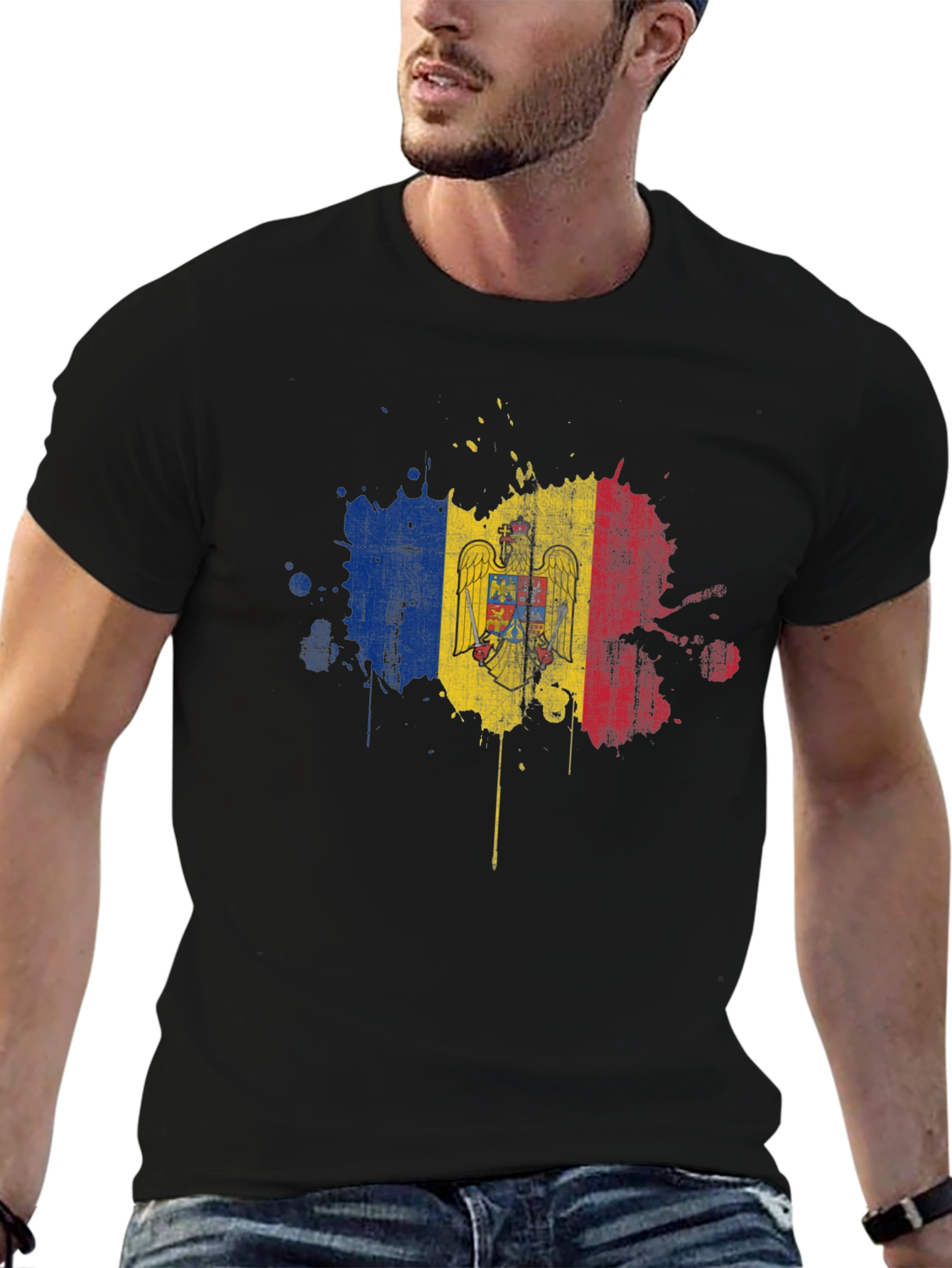 Moldova Flag Grunge T-Shirt - Black Cotton Tee