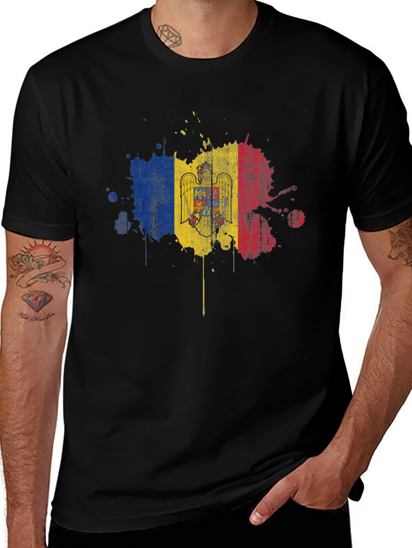 Moldova Flag Grunge T-Shirt - Black Cotton Tee