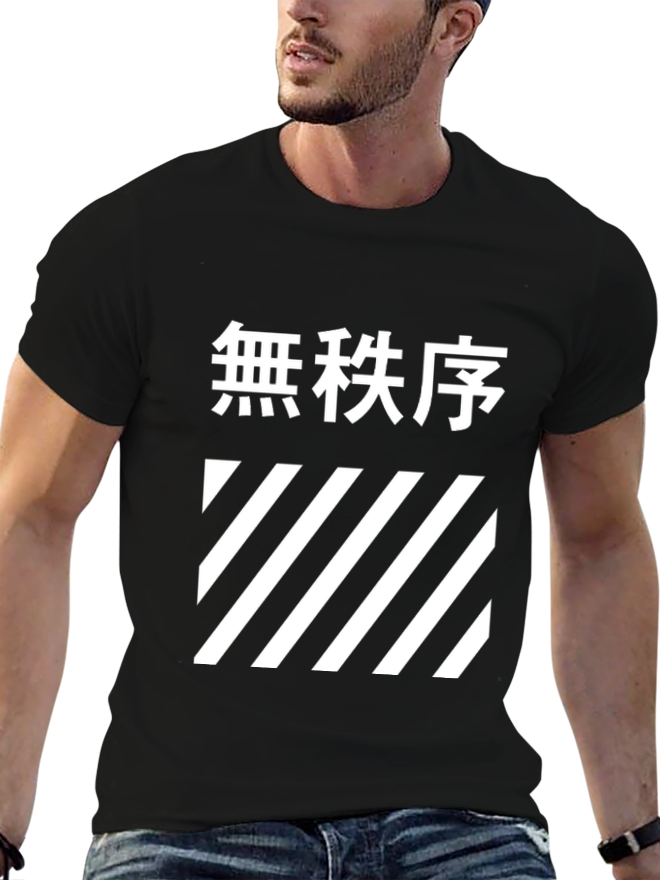 Graphic Tee: Japanese Text & Diagonal Stripe Design