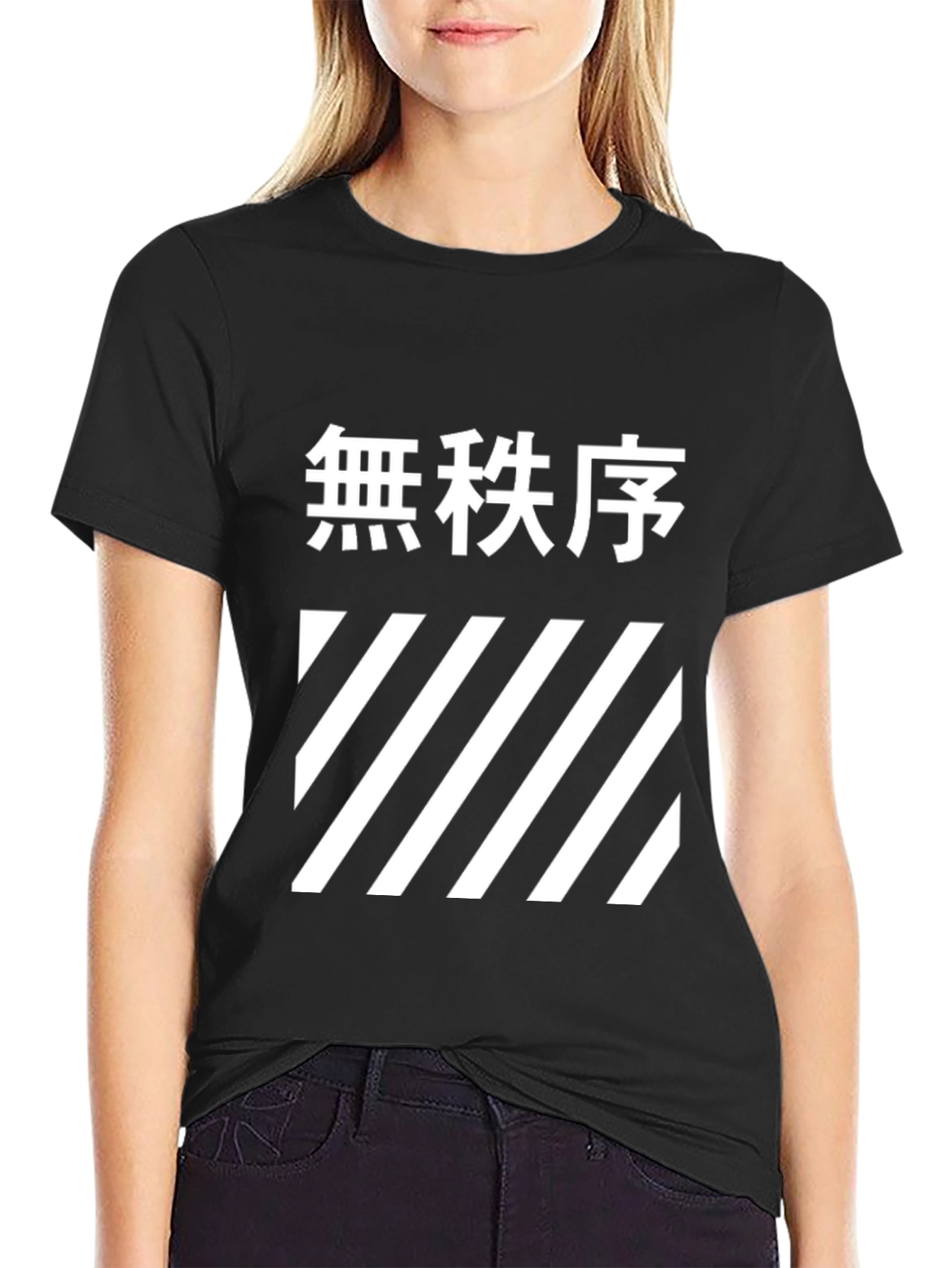 Graphic Tee: Japanese Text & Diagonal Stripe Design