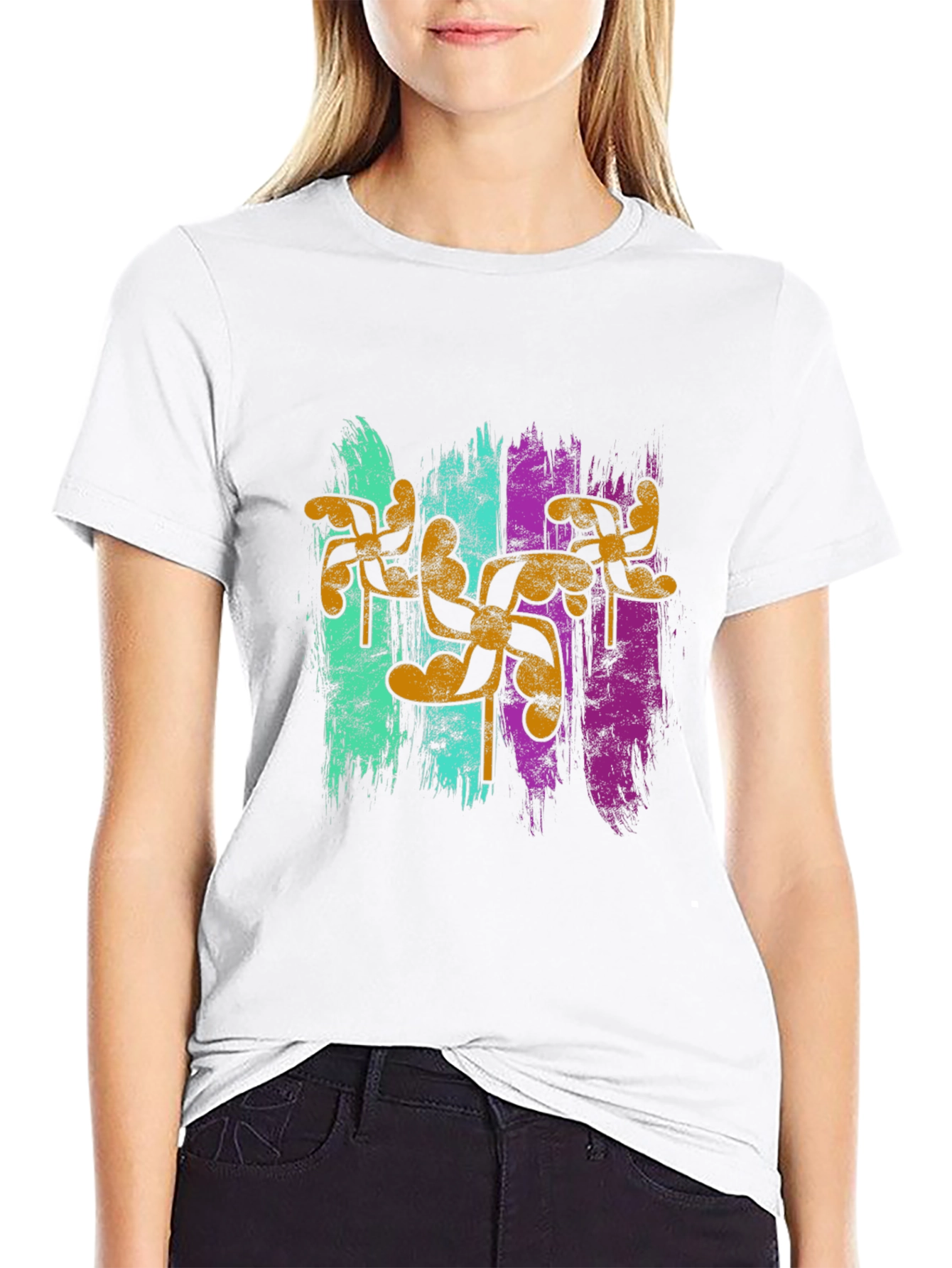 Retro Pinwheel Graphic Tee - Black Cotton Blend