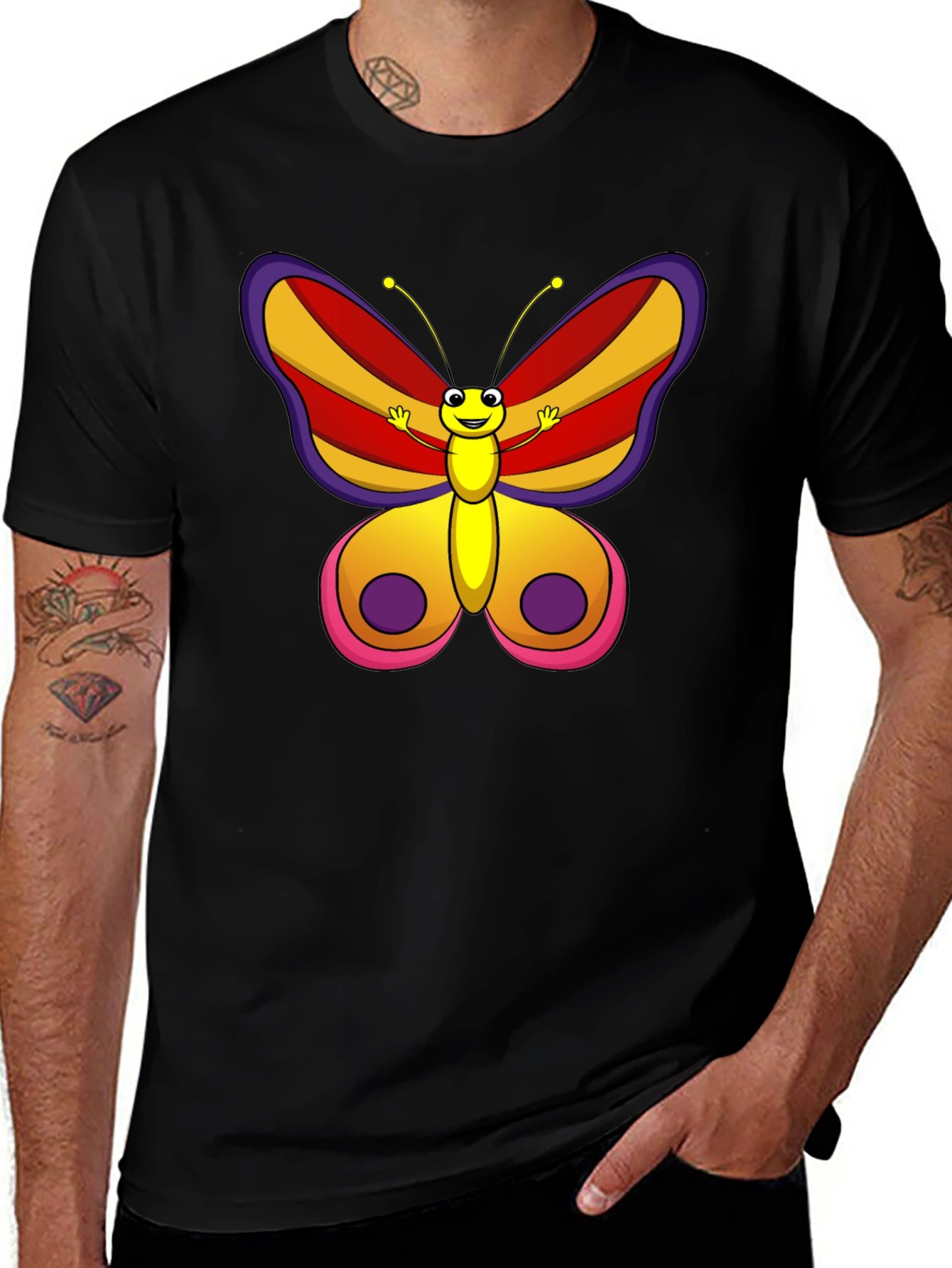 Cartoon Butterfly Graphic Tee - Black