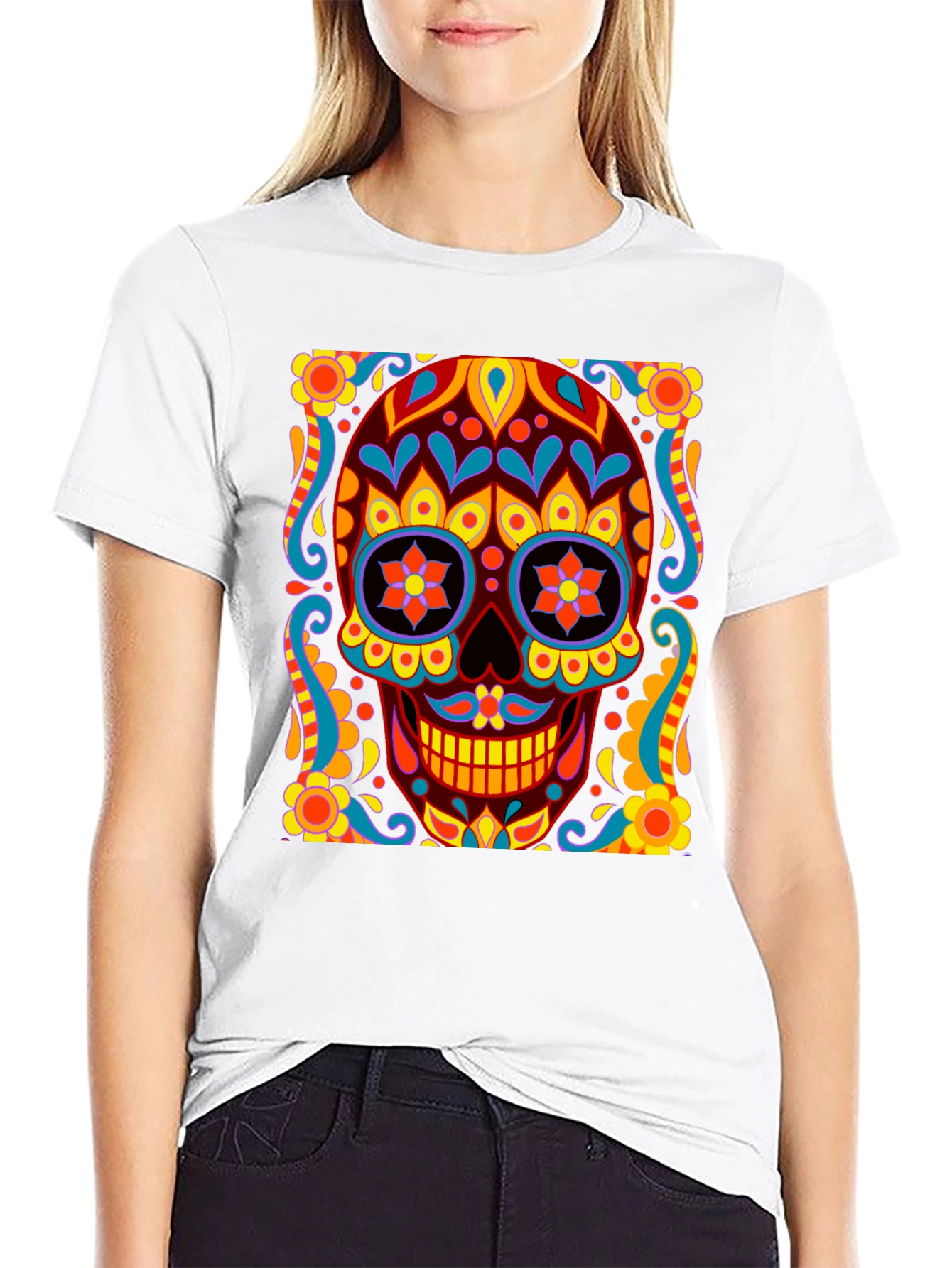 Day of the Dead Skull Graphic Black T-Shirt