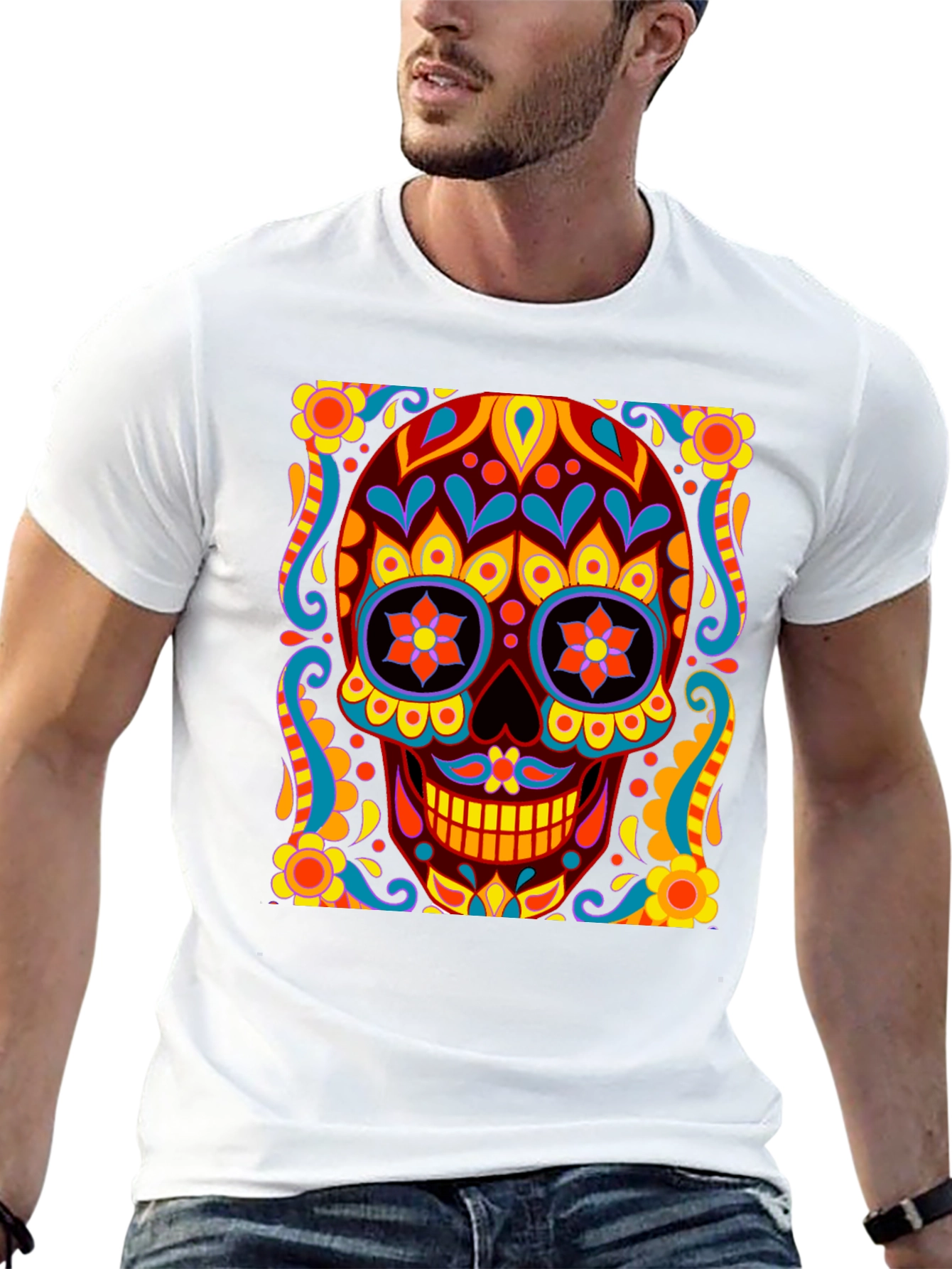 Day of the Dead Skull Graphic Black T-Shirt