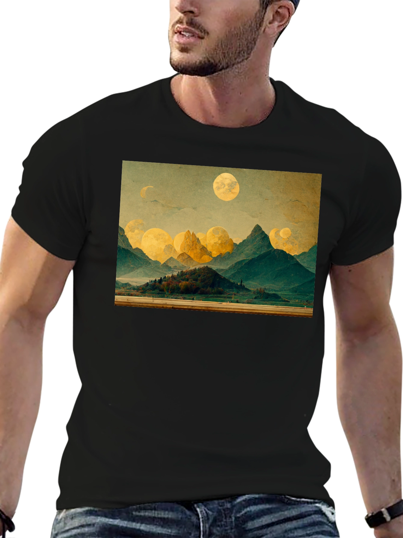 Scenic Landscape Graphic Tee - Black Cotton T-Shirt
