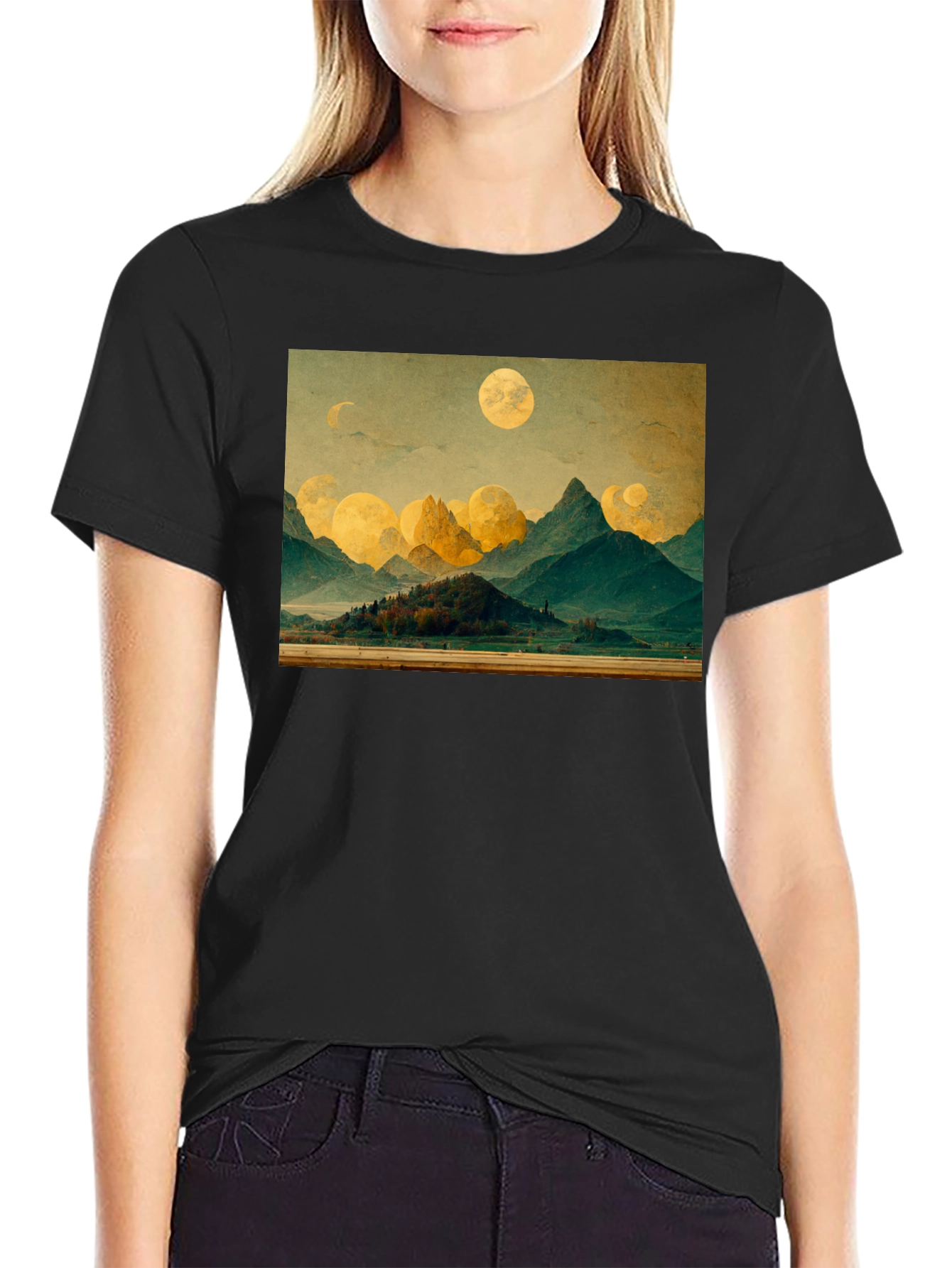 Scenic Landscape Graphic Tee - Black Cotton T-Shirt