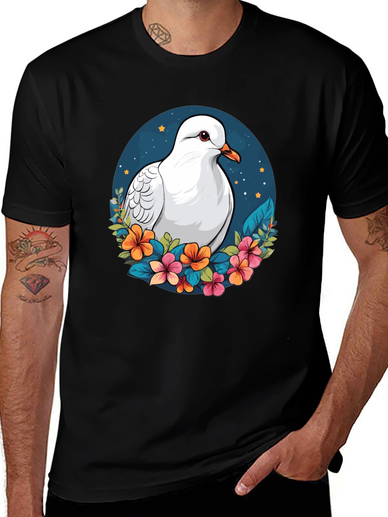 Dove & Floral T-Shirt - Artistic Graphic Tee