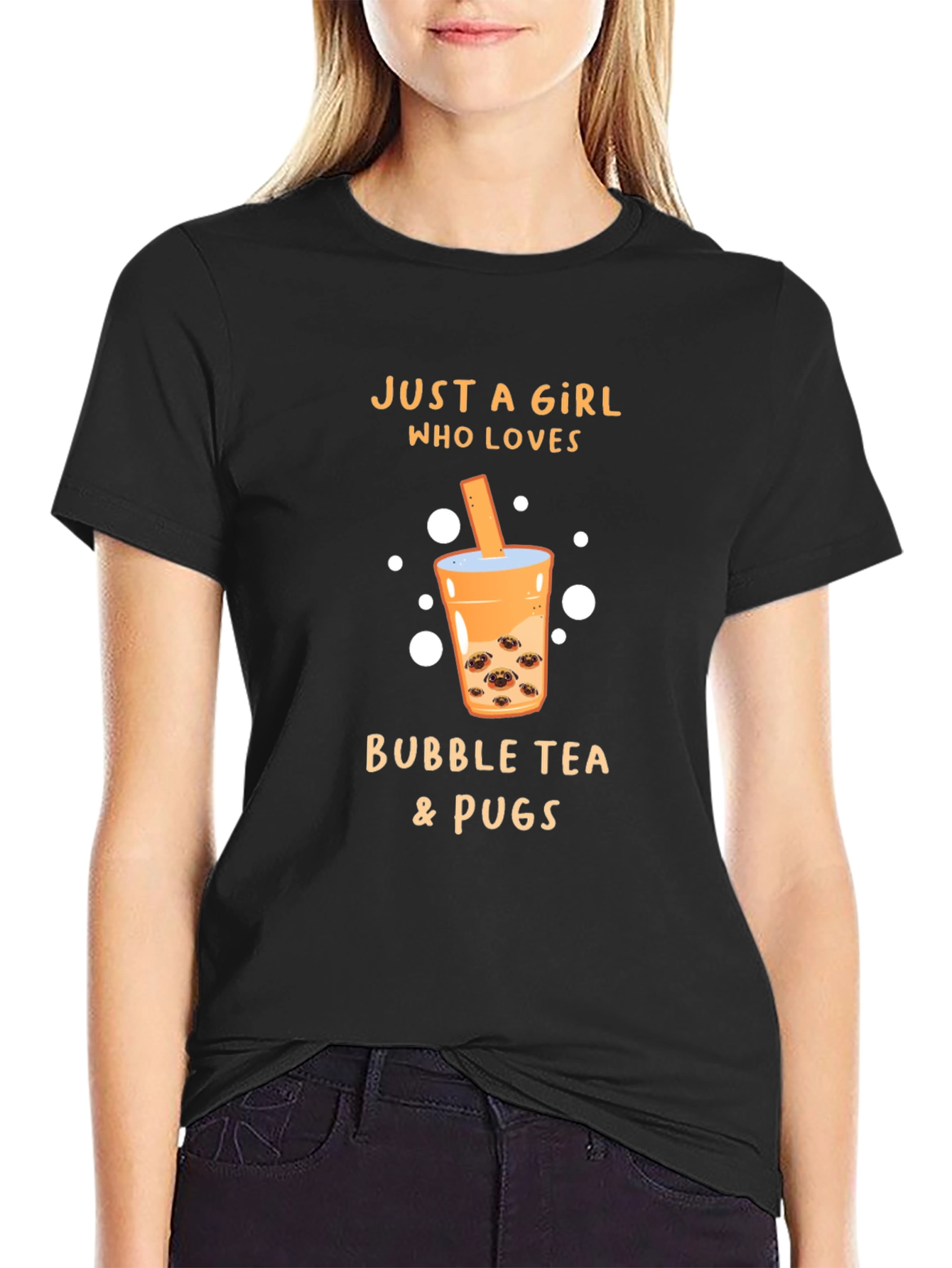 Girl Loves Bubble Tea & Pugs Black T-Shirt