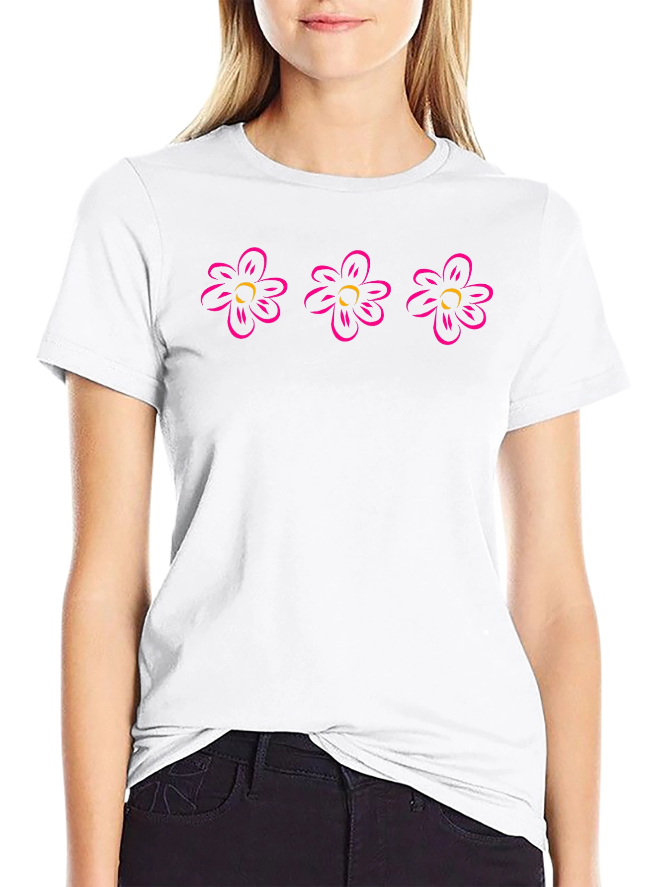 Black T-Shirt with Pink Flower Design