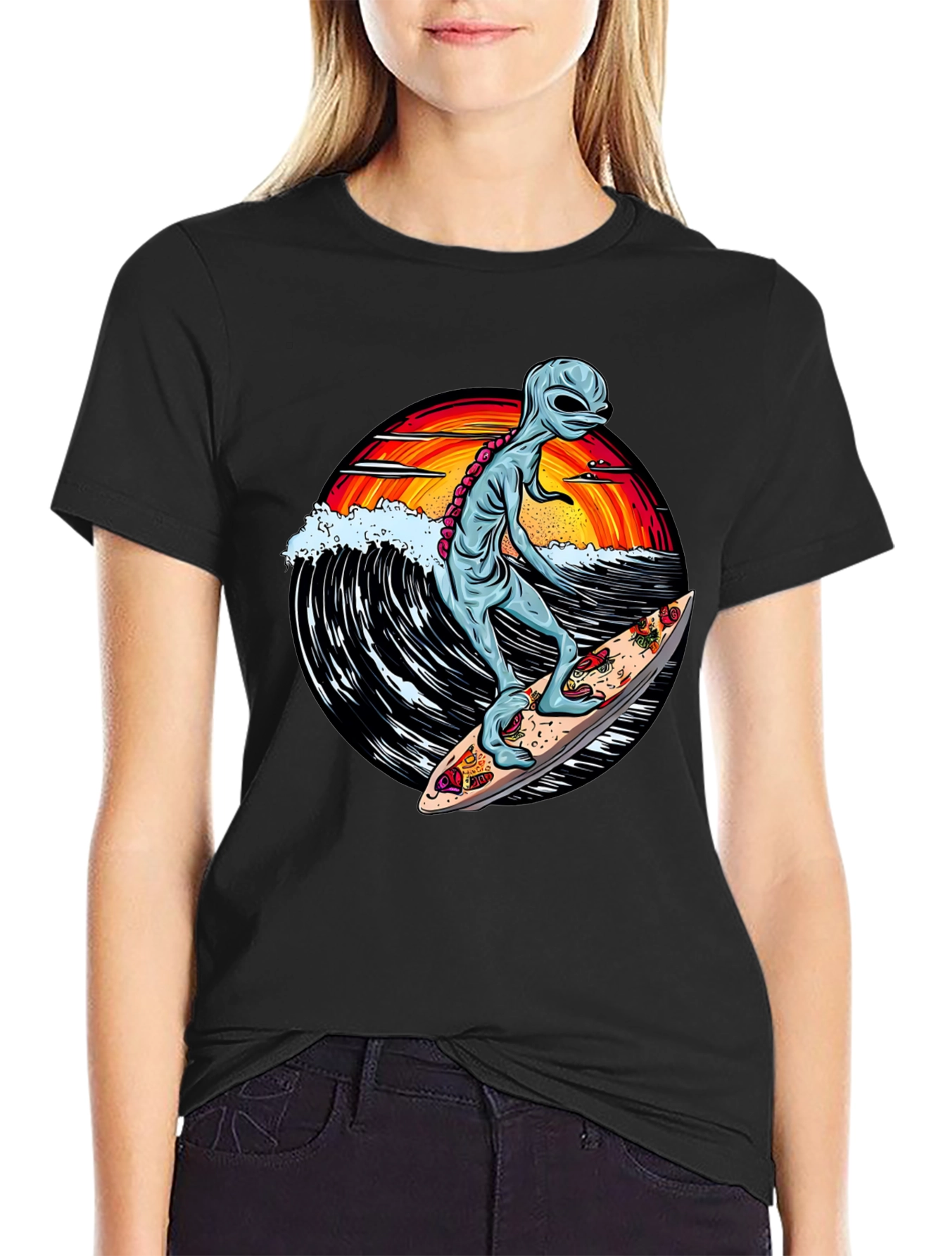 Alien Surfing Pizza T-Shirt