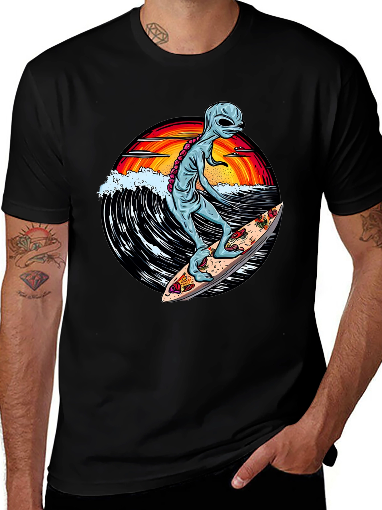 Alien Surfing Pizza T-Shirt