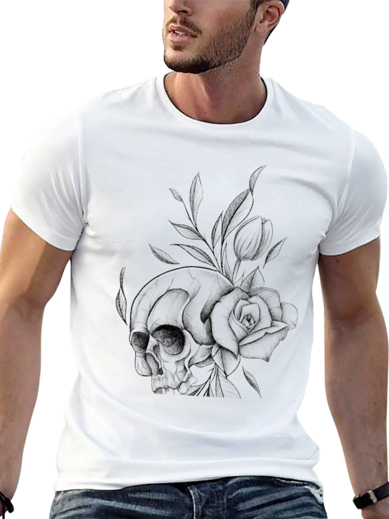 Skull & Rose Graphic Print T-Shirt - Casual Style
