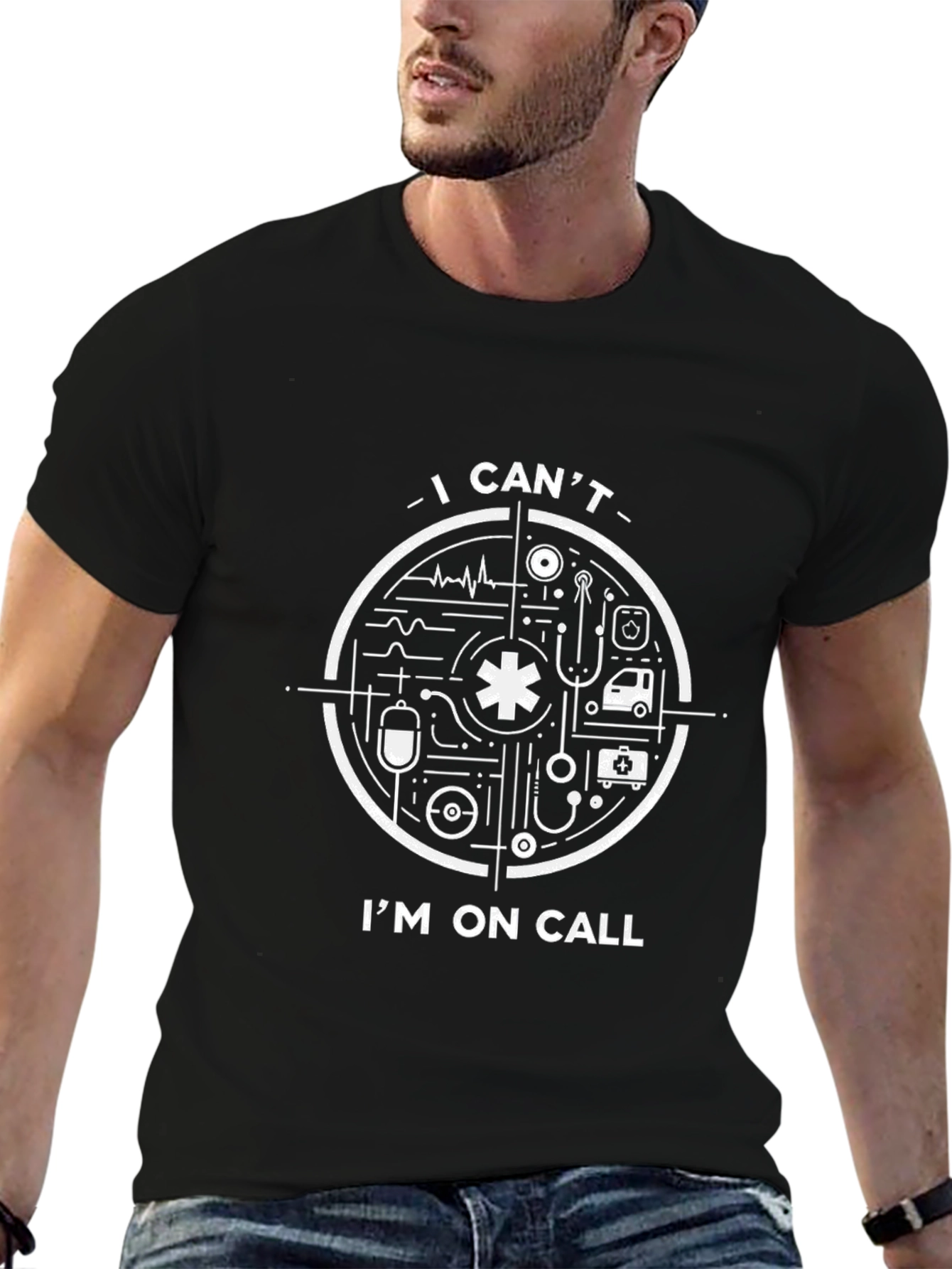 I Cant Im On Call Black Graphic T-Shirt