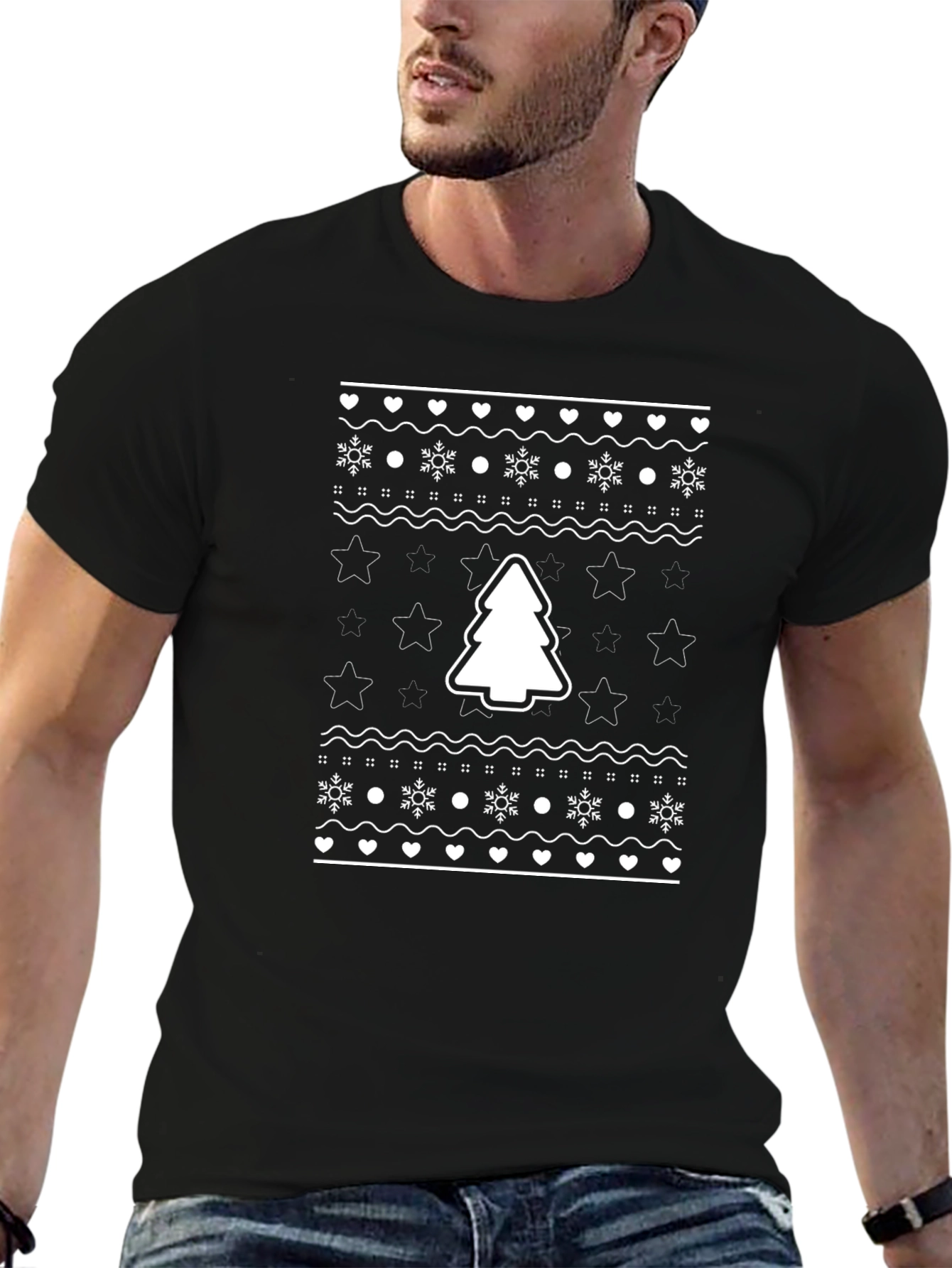 Festive Christmas Tree Pattern Black T-Shirt