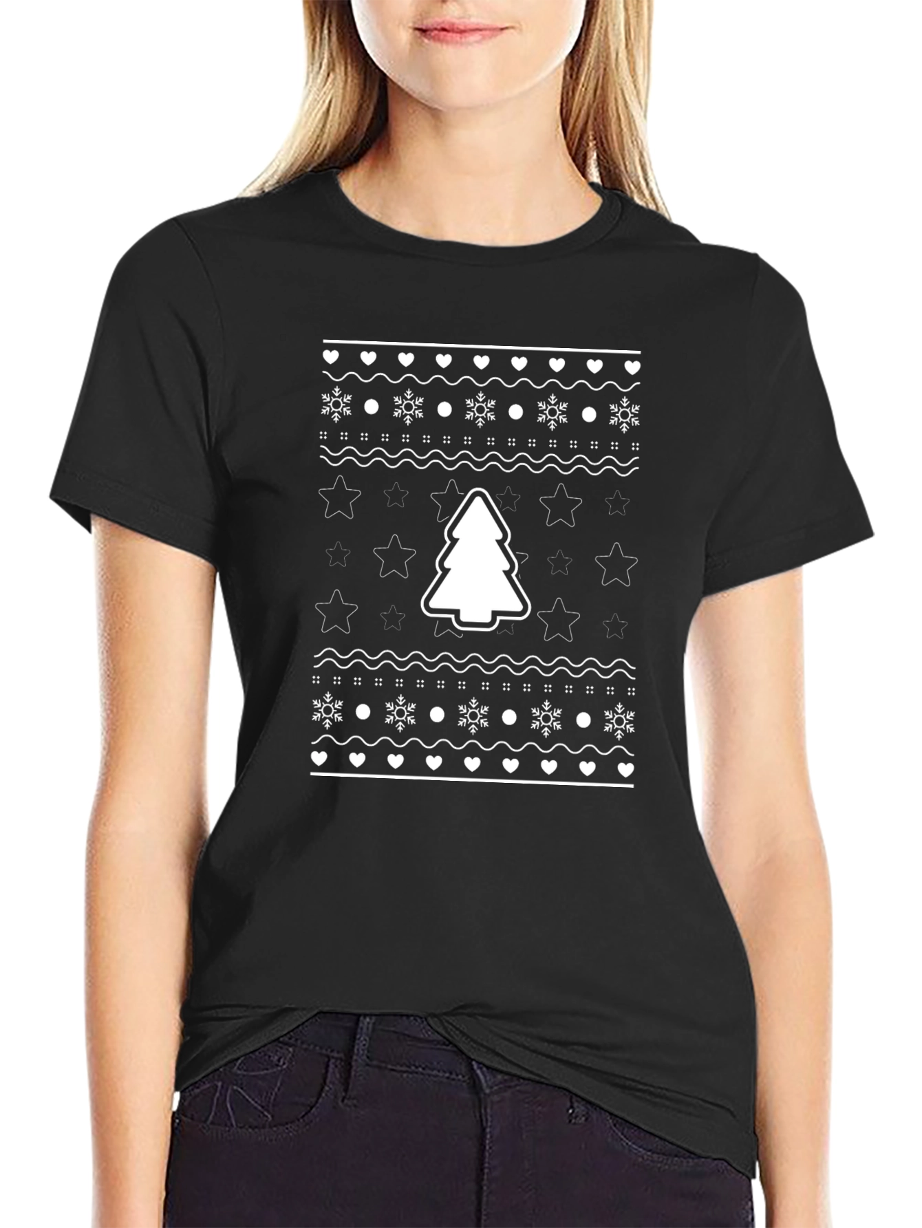 Festive Christmas Tree Pattern Black T-Shirt