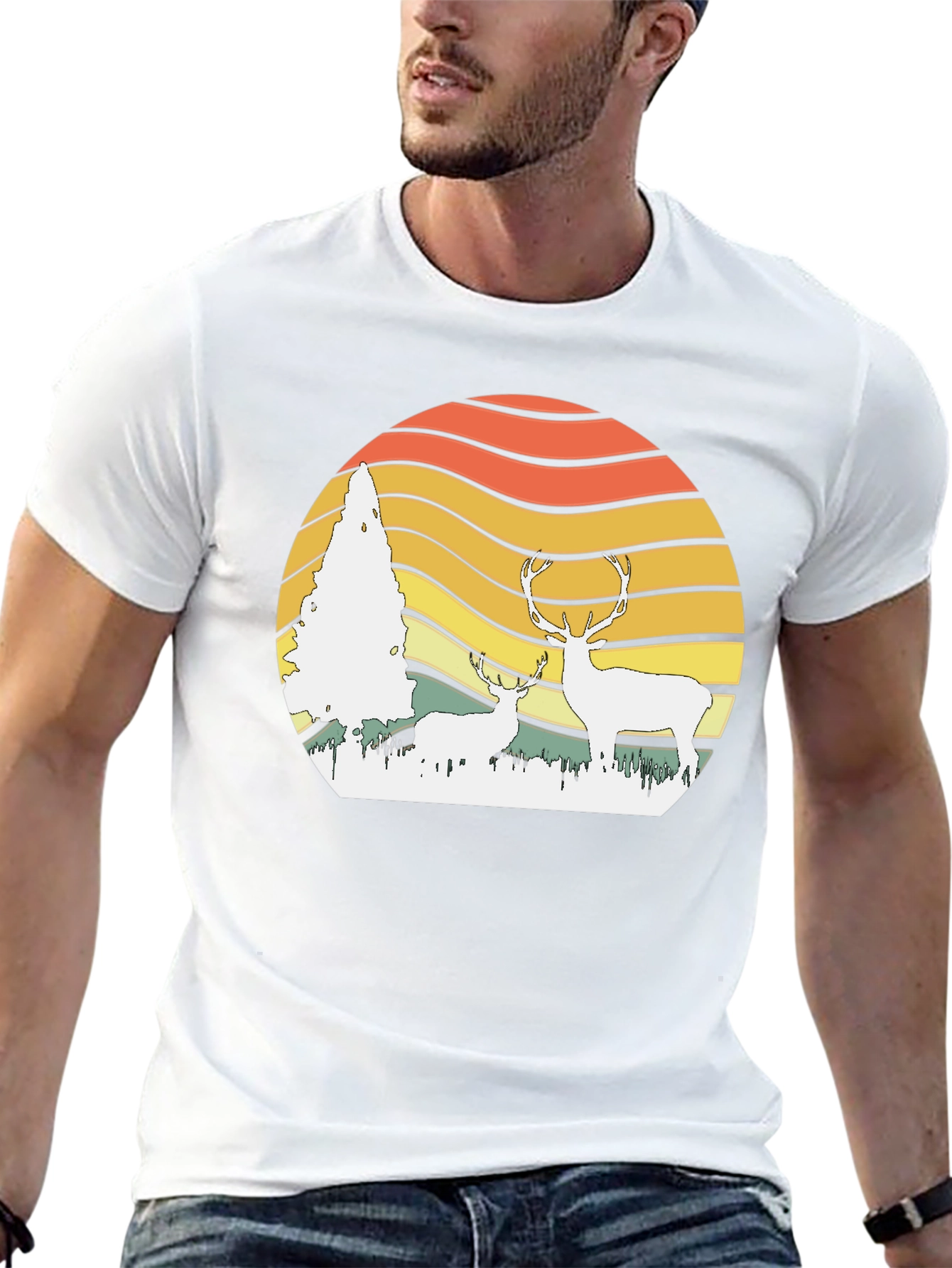 Retro Deer Sunset Graphic Tee - Nature Lovers T-Shirt