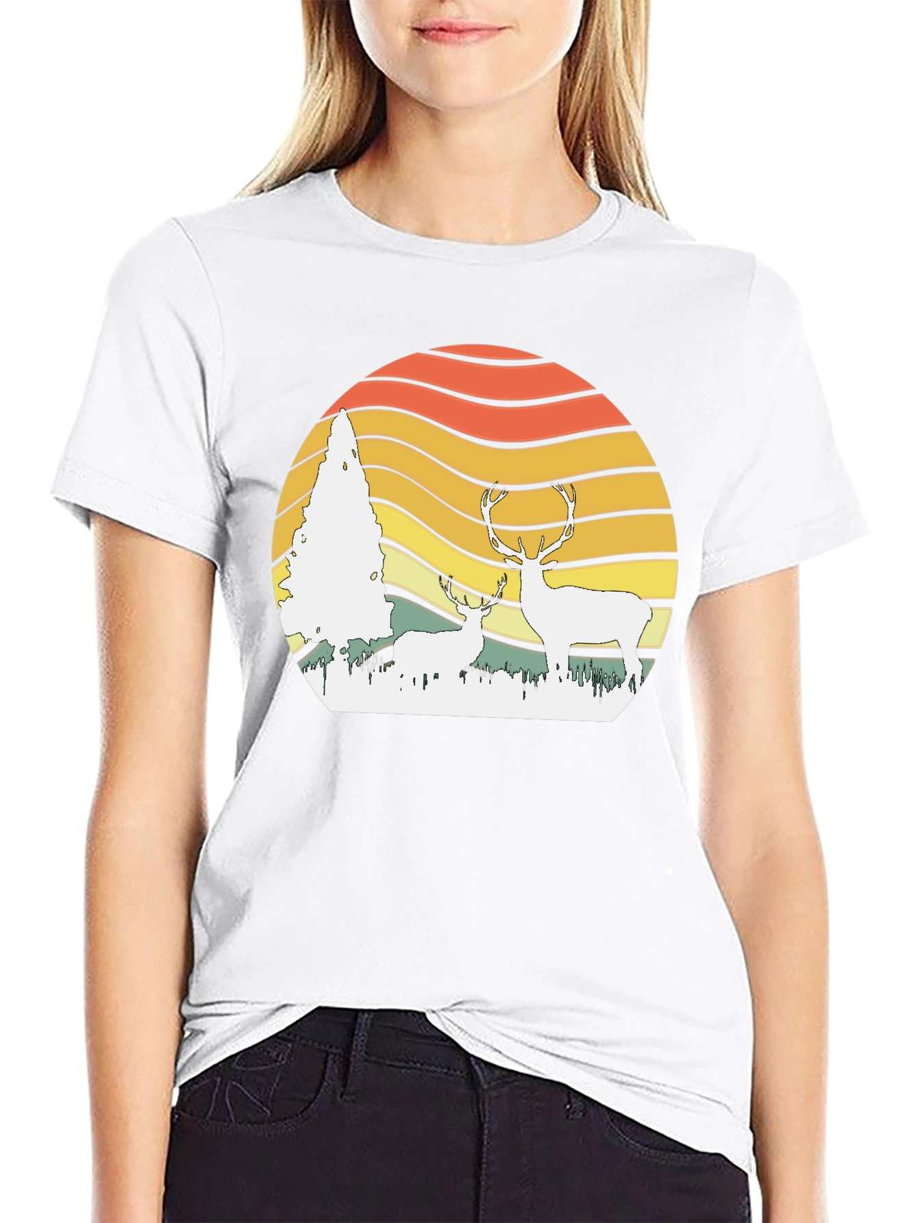 Retro Deer Sunset Graphic Tee - Nature Lovers T-Shirt