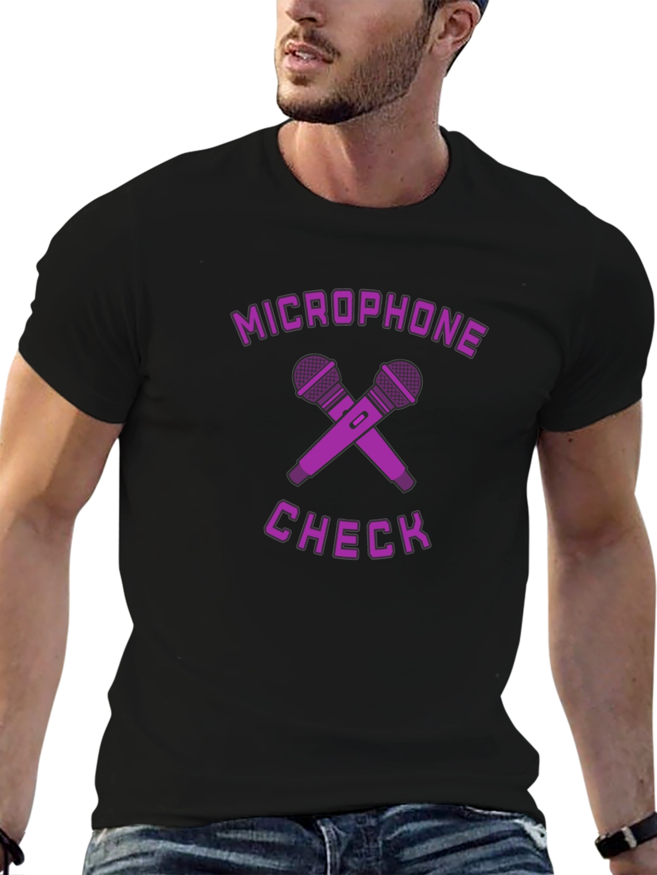 Microphone Check Graphic Tee - Black Cotton T-Shirt