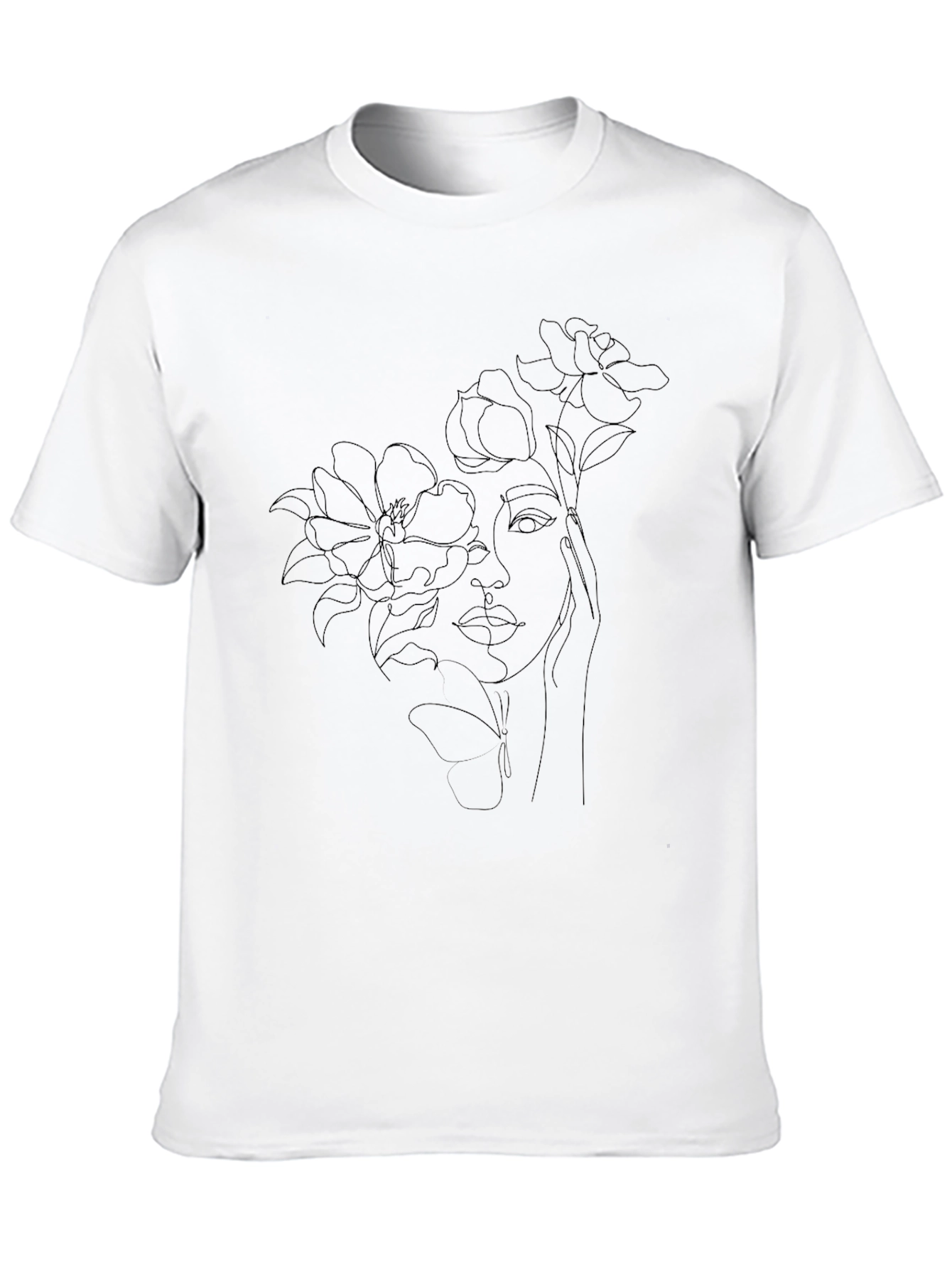Floral Face Line Art Black T-Shirt